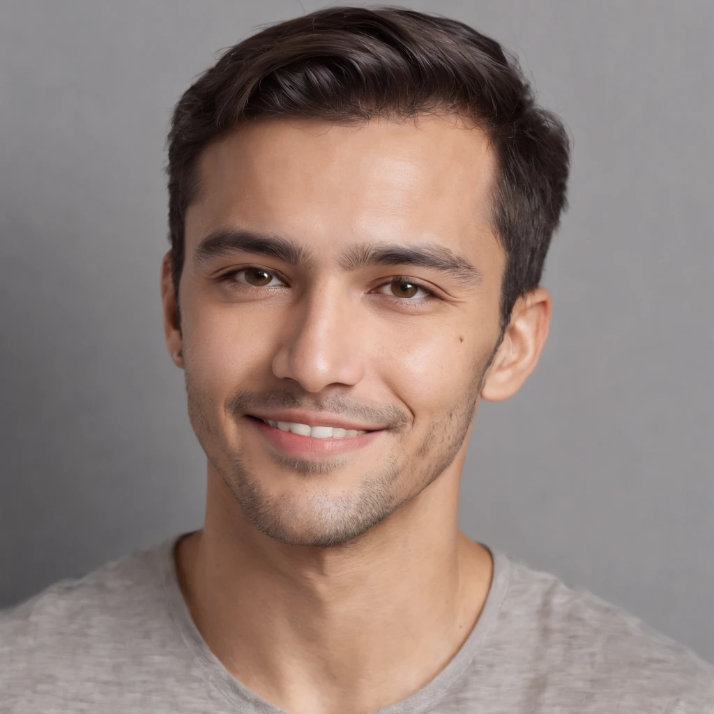 (photo: 1.3) af (reality: 1.3), West a Latino man, soft light, clear face, happy, cheerful, smiling, warm light, ((grey background)), ((grey background)). ((grey wall background)) avatar, (long or short hair), smile, handsome, young,, short hair, smile, (medium close-up)
