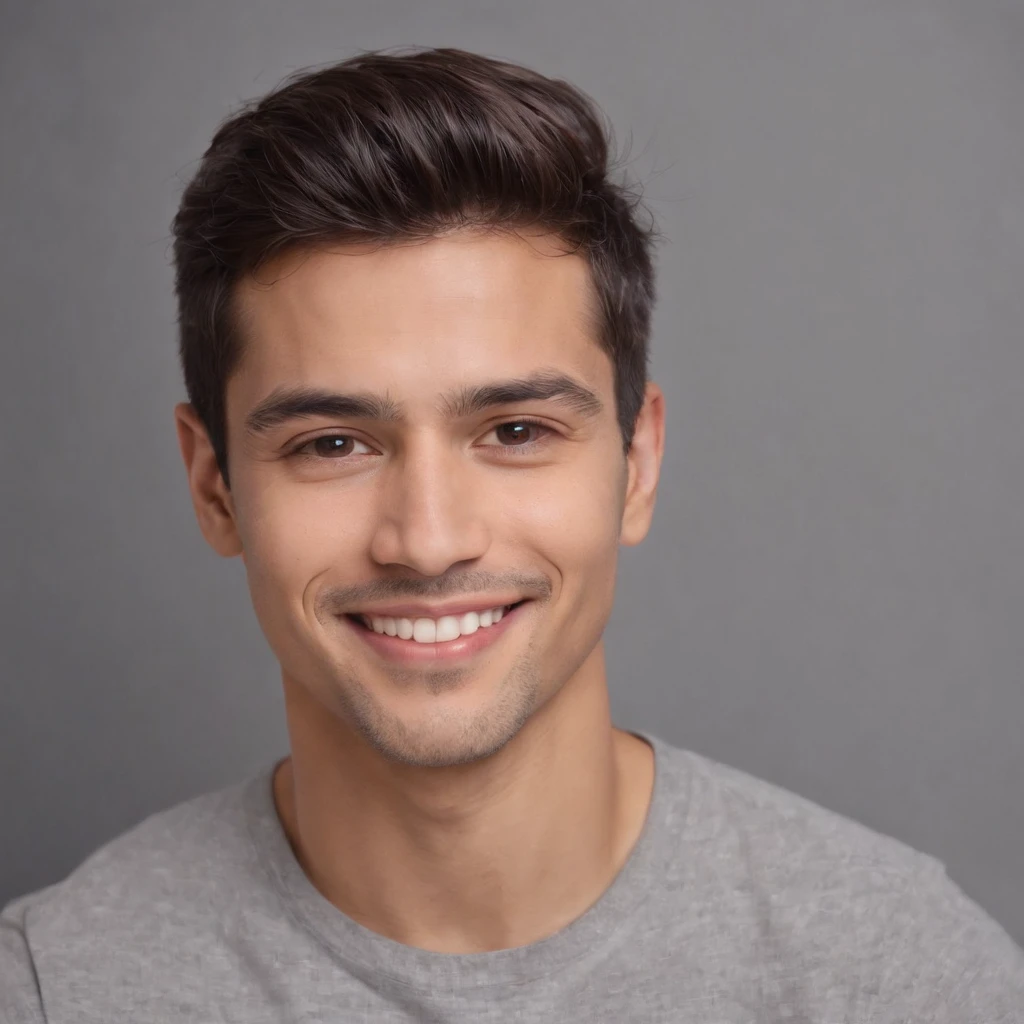 (photo: 1.3) af (reality: 1.3), West a Latino man, soft light, clear face, happy, cheerful, smiling, warm light, ((grey background)), ((grey background)). ((grey wall background)) avatar, (long or short hair), smile, handsome, young,, short hair, smile, (medium close-up)