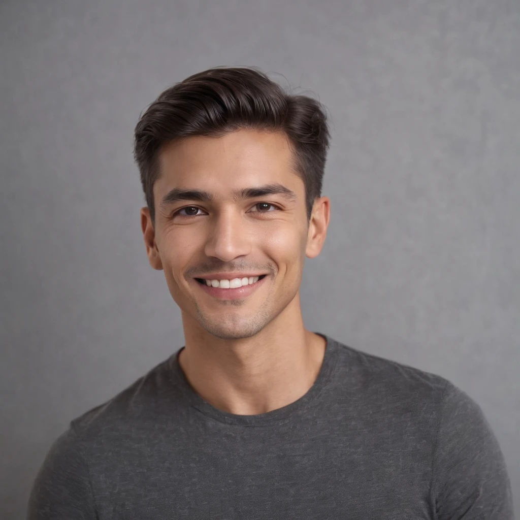 (photo: 1.3) af (reality: 1.3), West a Latino man, soft light, clear face, happy, cheerful, smiling, warm light, ((grey background)), ((grey background)). ((grey wall background)) avatar, (long or short hair), smile, handsome, young,, short hair, smile, (medium close-up)