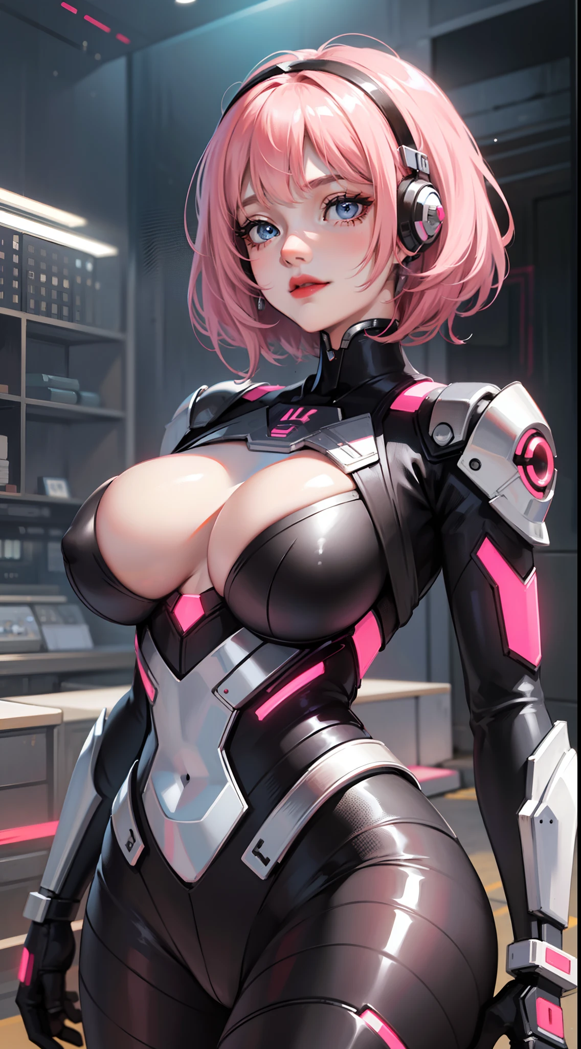Grown-up girl, short pink hair, blue eyes, large breasts, red lipstick, smirk, Grey Plug Suit, Cyborg, Masterpiece, hiquality, 4k, HD, Good detail
