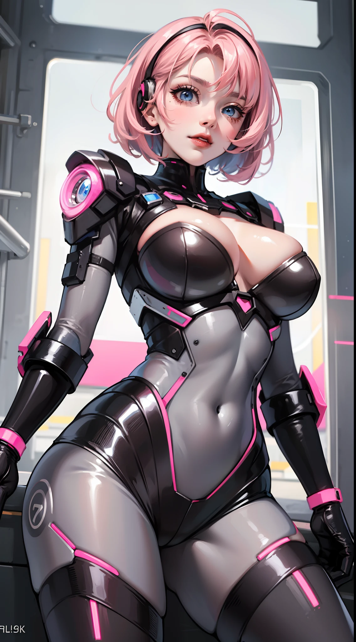 Grown-up girl, short pink hair, blue eyes, large breasts, red lipstick, smirk, Grey Plug Suit, Cyborg, Masterpiece, hiquality, 4k, HD, Good detail