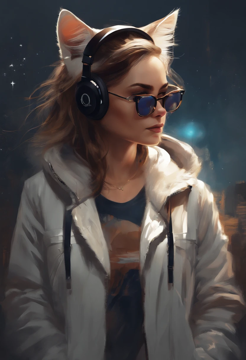 Perfect centering, a cute little cat, Wear a student jacket, Wearing sunglasses, Wearing headphones, Standing position, Abstract beauty, Centered, Looking at the camera, Facing the camera, nearing perfection, Dynamic, Moonlight, Highly detailed, Digital painting, art  stations, concept-art, smooth, Sharp focus, 8K, high definition resolution, illustration, Art by Carne Griffiths and Wadim Kashin, White background