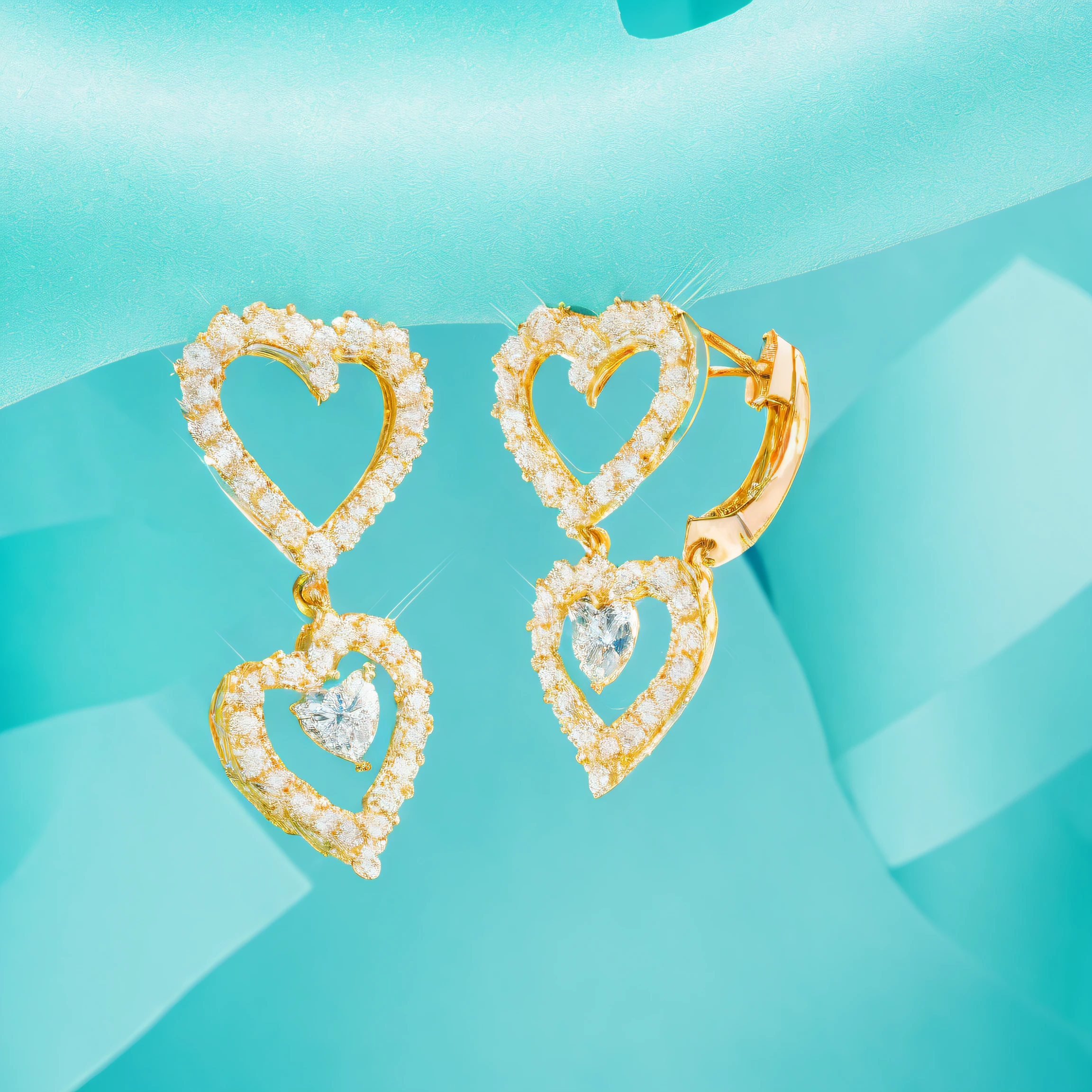 ((best quality)), ((masterpiece)), ((realistic)), (detailed), a close-up of a pair of heart-shaped earrings, cyan photographic backdrop, holding gold, shiny sparkling diamonds, looking at it rewards the soul, simple figures, centered in the frame, wearing jewelry, no extra ears, bright smiles, dimensions