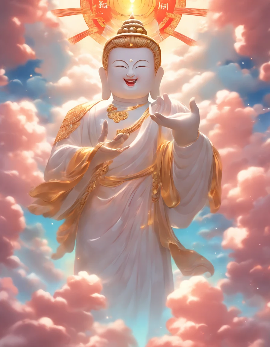 ((Masterpiece)),(Best quality)),China-style,In the sky, The clouds form a huge transparent glowing white jade Maitreya Buddha statue,The neck length is four lengths with the customer's ergonomic proportions,The appearance is extremely solemn,Thick clouds,The sun shines,Pilgrims on the road,Hyper-realistic,Ultra photo realsisim,Colorful clouds,8K,High definition,high qulity,Works of masters,super-fine,(((OC renderer)))