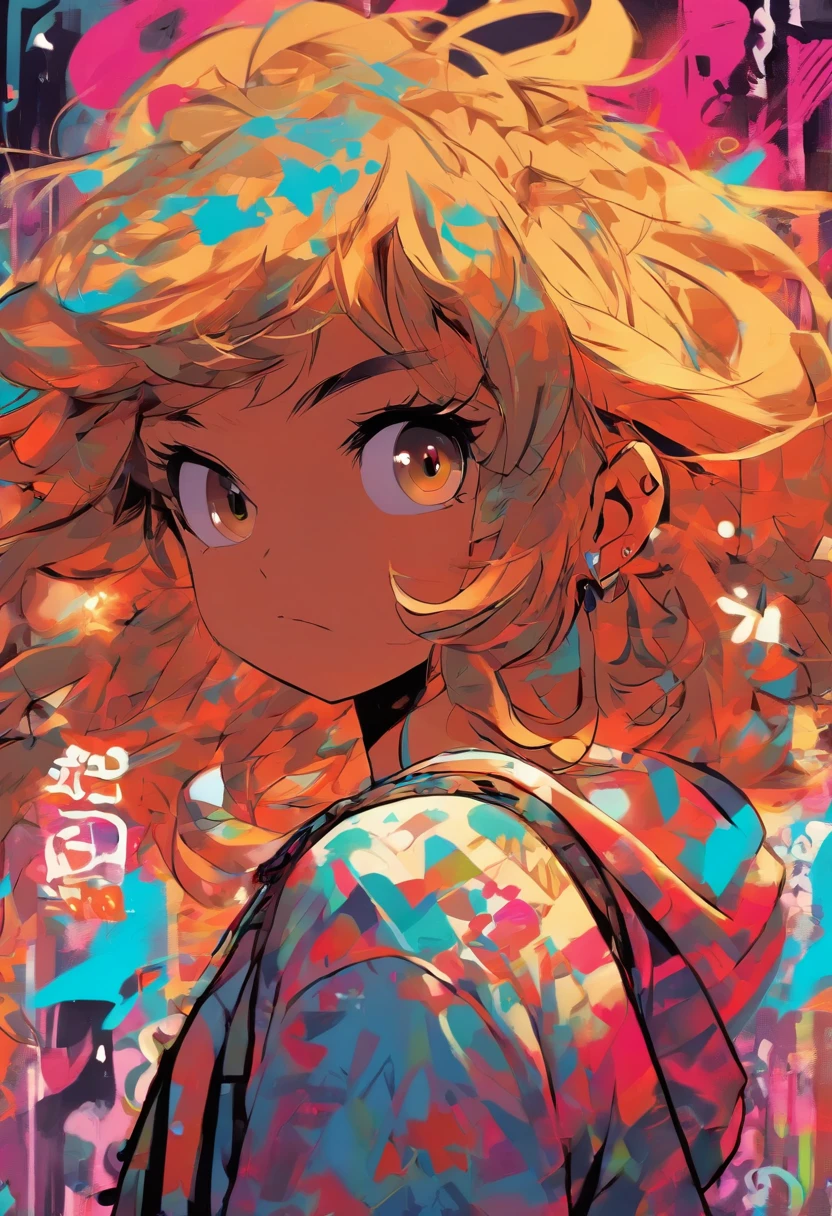 keyes.Harlem-style graffiti,Sharp illustration,Thick lines, girl in T-shirt,Long hair,Manhwa Style