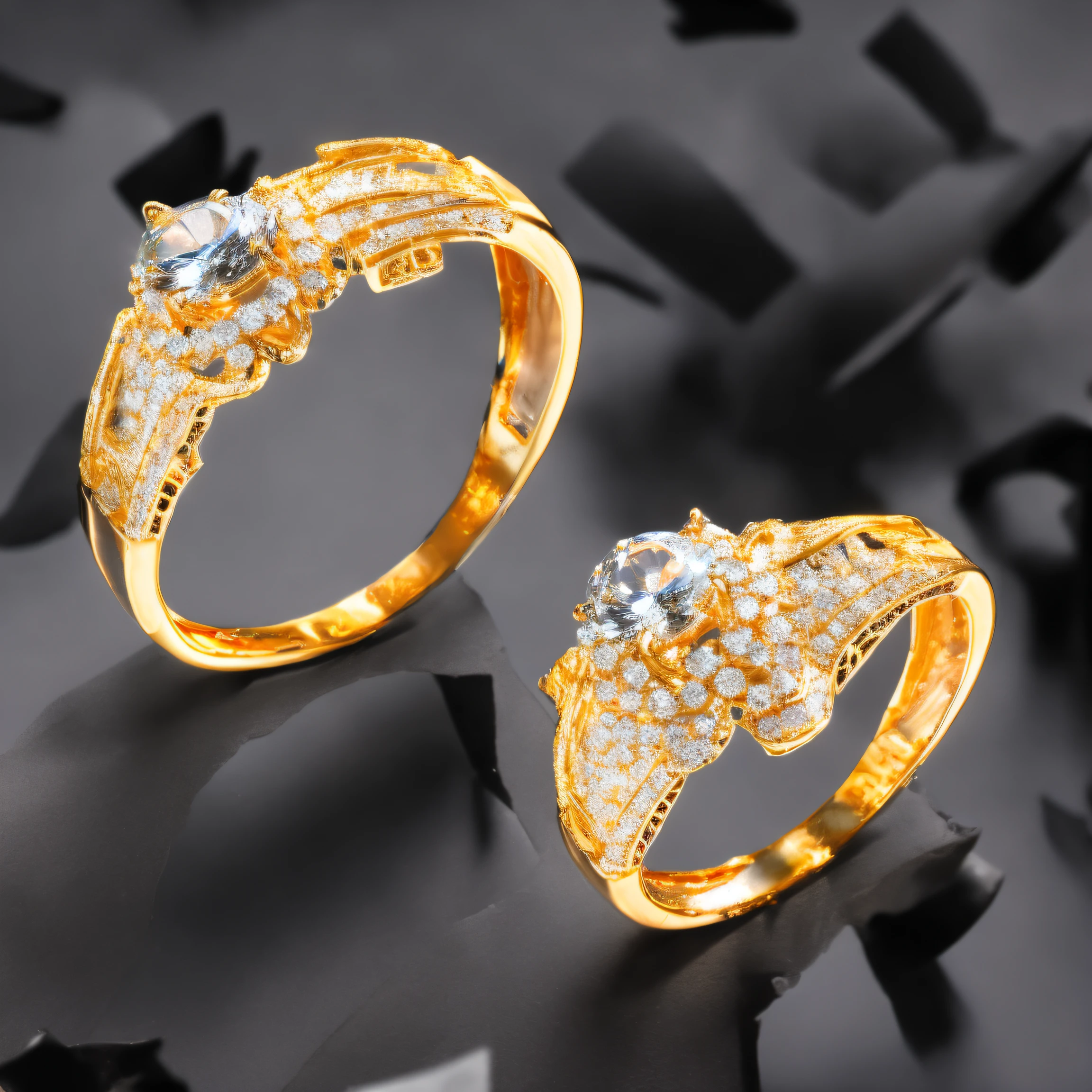 (best quality), (masterpiece), (realistic), (detailed), a close-up of a pair of rings, black photographic backdrop, holding gold, shiny sparkling diamonds, looking at it rewards the soul, simple figures, centered in the frame, wearing jewelry, no extra ears, bright smiles, dimensions