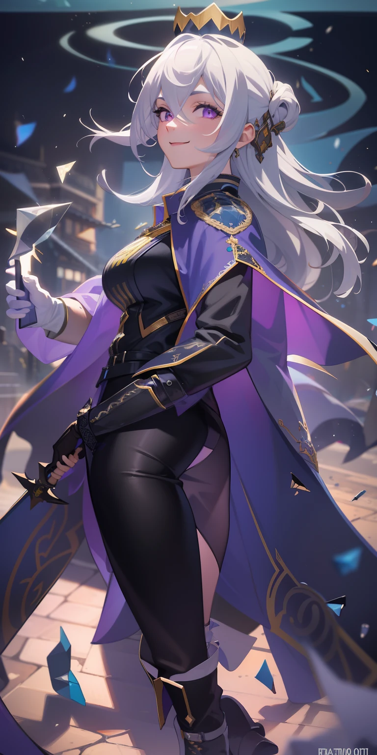 masterpiece, best quality, ultra-detailed, best shadow), (detailed background,dark fantasy), (beautiful detailed face), high contrast, (best illumination, an extremely delicate and beautiful), ((cinematic light)), colorful, hyper detail, dramatic light, intricate details, (1girl, solo,white hair, sharp face,purple eyes, hair between eyes,dynamic angle), swirling black light around the character, depth of field,black light particles,(broken glass), superhero , full body, holding magical sword, woman, happy, smile, look in front, tall, wearing boots, attractive, detailed clothing, woman, adult, sexy, wears crown, laughing, looking smart, adorable looking, full body, cloak,
