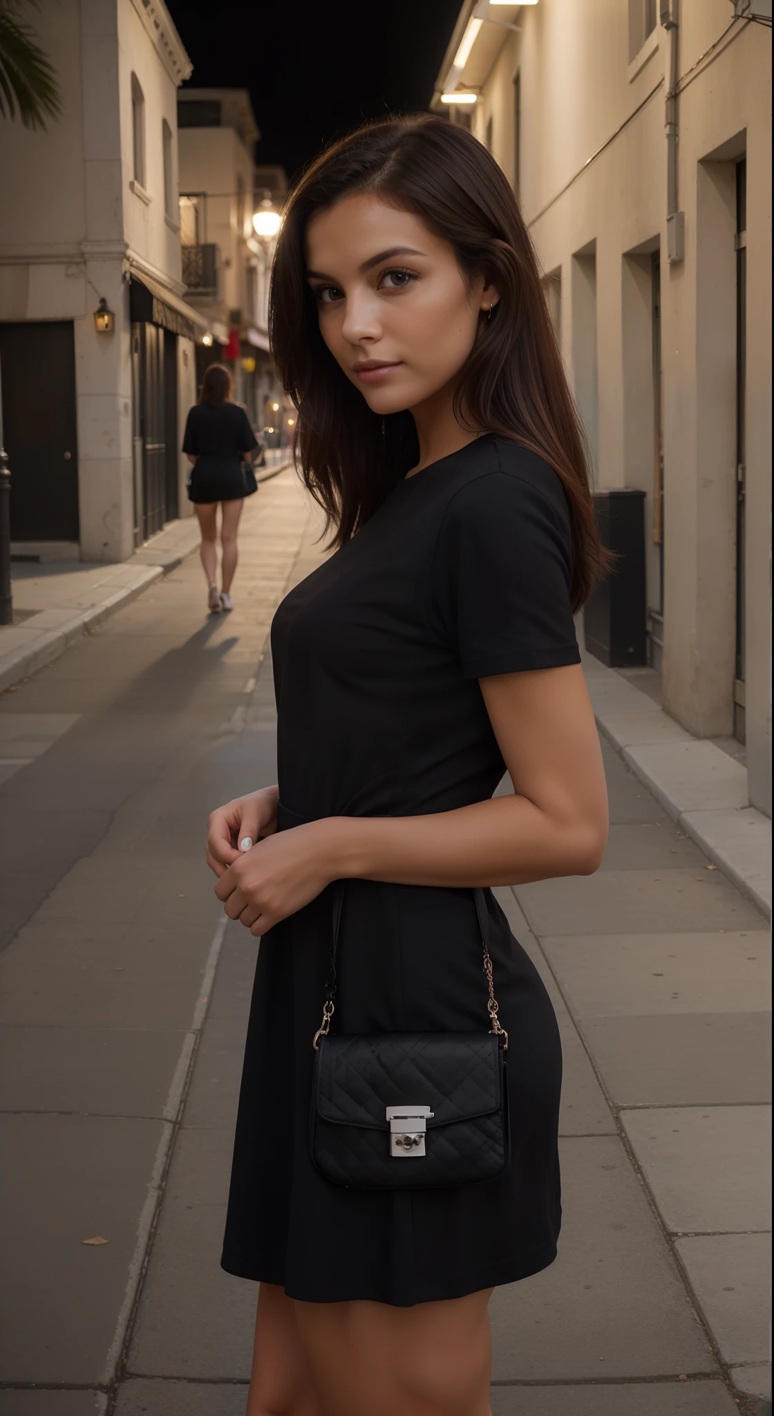 hyper realistic photograph, cute girl, 30 years old, blond har, red dress, 64k, masterpiece, sharp photo, looking at the viewer, dark brown hair, holding a Dior bag, wearing tight shirt, Venice beach street behind her, Los Angeles behind, dark brown medium hair, perfect body, model looking, realistic photo of a girl, wearing little black dress, dark outside, right after sunset