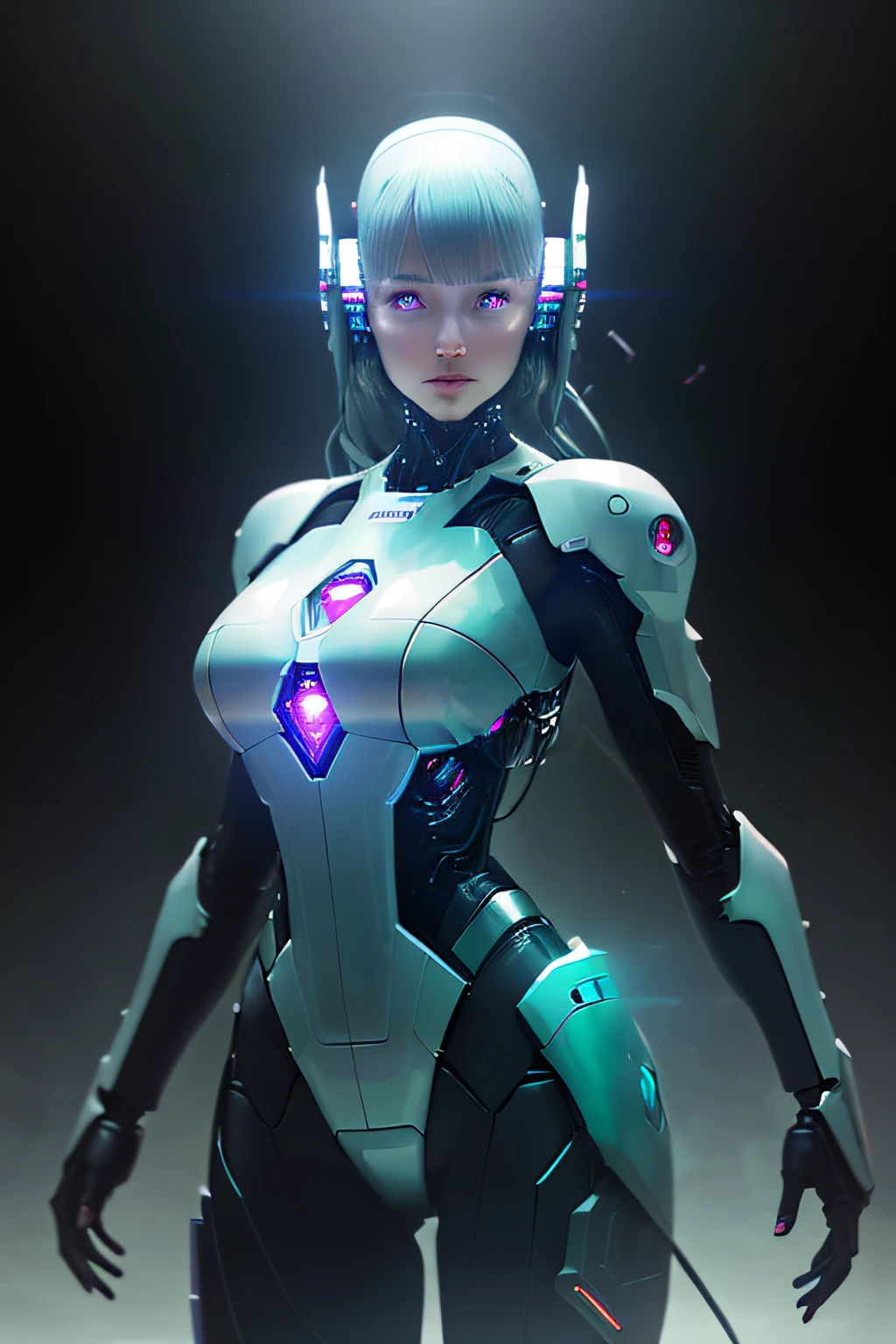 (single, alone , solo focus, american shot of :1.3) Kat Dennings gorgeous space cadet robot standing looking at camera in front of a star field with a blue light shining on her chest, symmetric perfect body, clear white skin, skin details, Shadow blue hair , depth of field, extremely intricate details, tight Dark sea green bodysuit, metallic cape, jet-pack boots, light pink eyes looking at camera, realistic proportions, combat pose, light beams out of hands, Artgerm, stanley artgerm lau, cyberpunk art, fantasy art, ( crystal face shield :1.1) , spaceships on the background