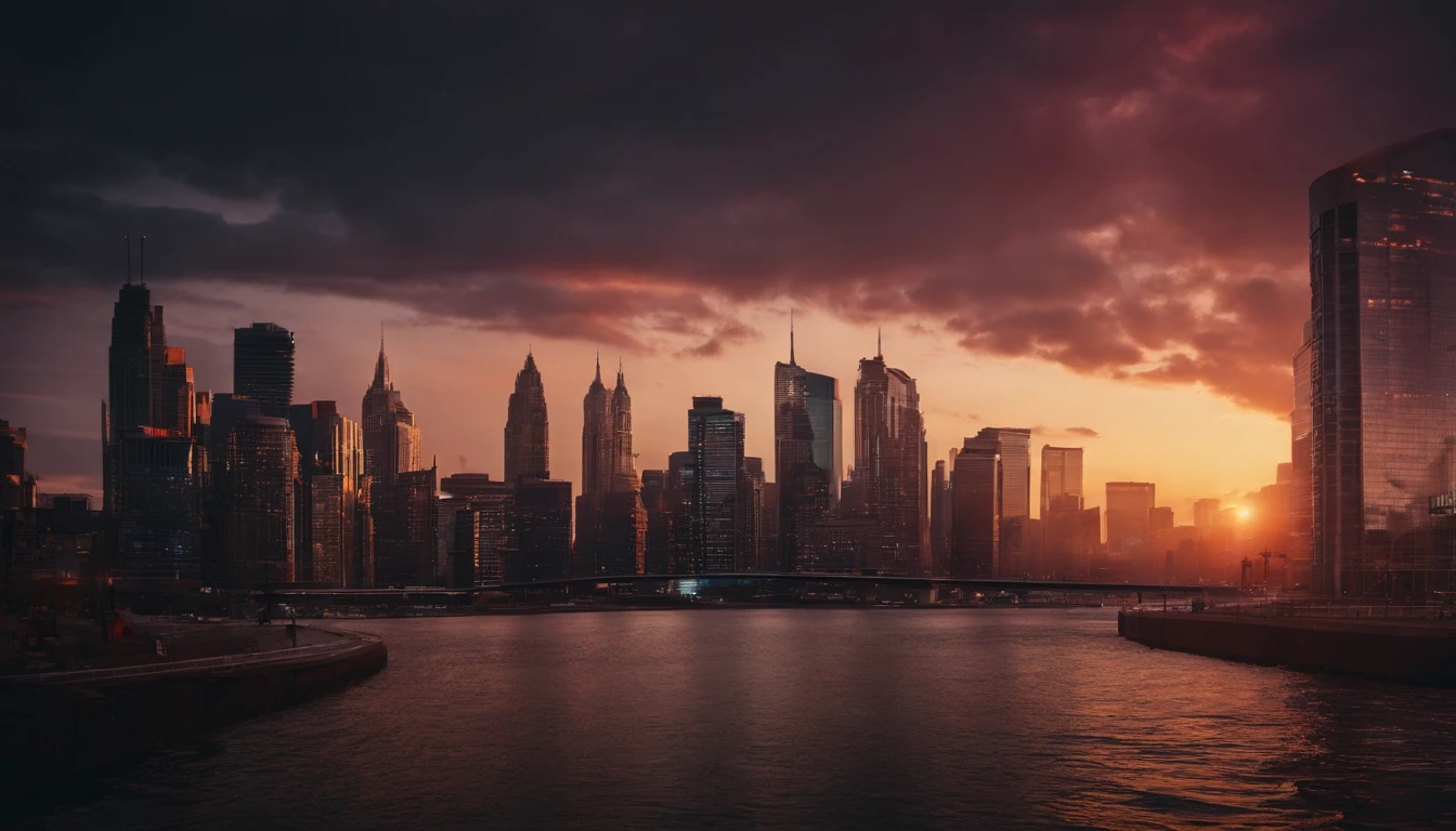 Sunset over a city, synthwave --ar 3:2