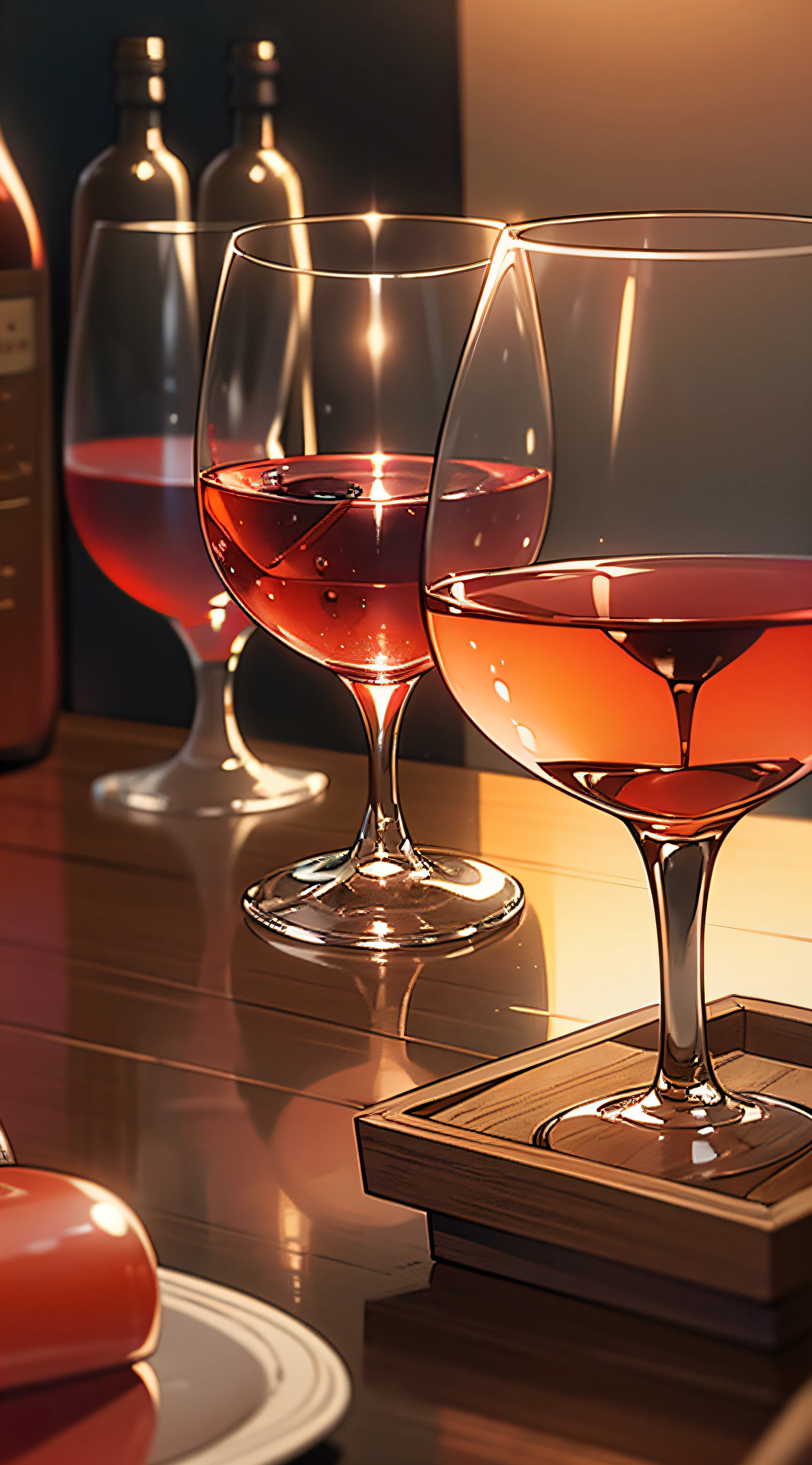 It's a table of fine wines with lots of beautiful cocktails, red wines, whiskey, warm, mysterious, ancient.
