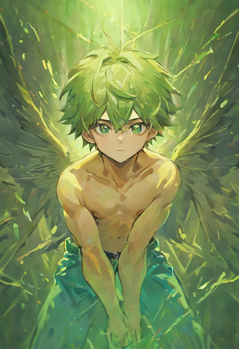 "Kaos Daleons", he is short but very strong and muscular, delicate face eyes with heterochromia, one blue eye the other green very long hair, very handsome face with a beautiful smile, scars all over his body, he was trained and raised in a secret place full of mysteries full body ultraHD