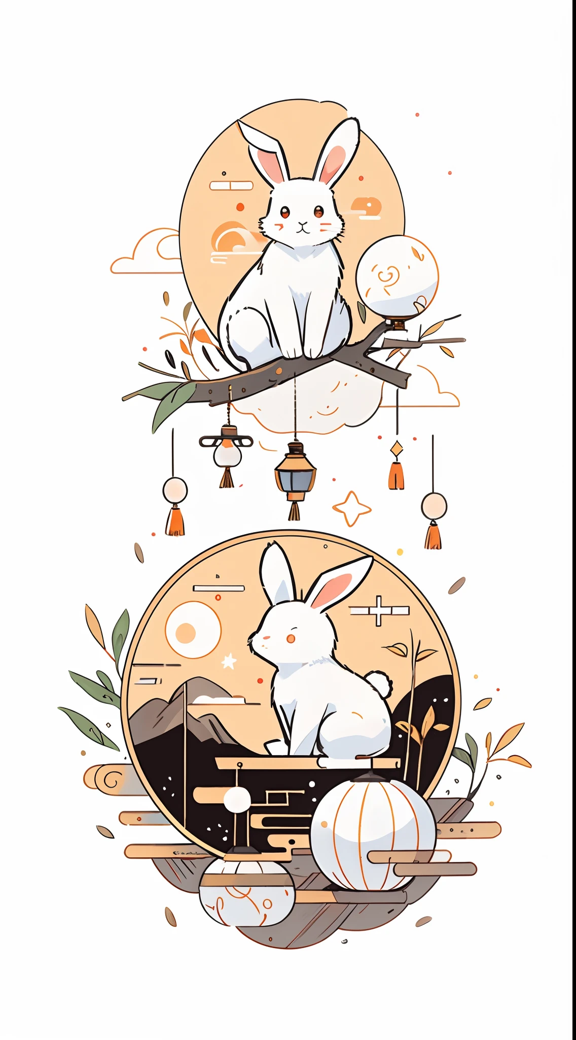 （A rabbit：1.4）, sat on the ground, Looking up, （（Mid-Autumn Festival atmosphere，sweet osmanthus，Kongming Lantern，Meniscus，Moon cake）），（Chinese kanji：1.3），Chinese Traditional illustration style, Digital art, Simple background, Masterpiece on white background, Best quality, Ultra-detailed, High quality, 4K