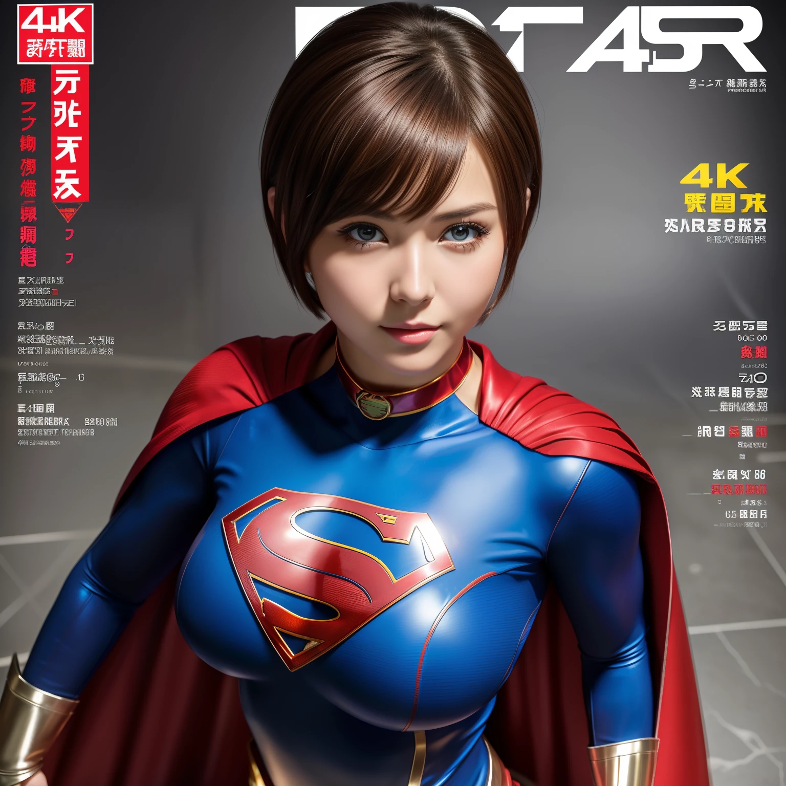 (Best Quality,4K,8K,hight resolution,masutepiece:1.2),Ultra-detailed,Realistic:1.37,Super masterpiece,Short-haired Supergirl、large full breasts、Looking at the camera、Glossy costume、a choker、Too short miniskirt、Magazine covers、Navel out