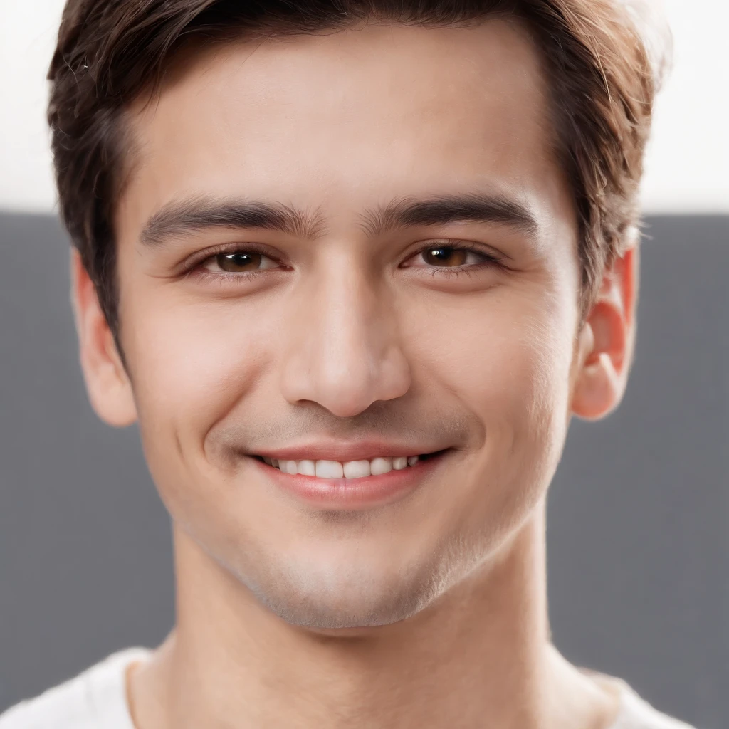 (photo: 1.3) af (photorealism: 1.3), Latino man, soft light, clear face, happy, cheerful, warm light, white t-shirt, (off-white background), (off-white background), ((grey wall background)) avatar, (long or short hair), smile, handsome, young,, short hair, smile, (close-up)