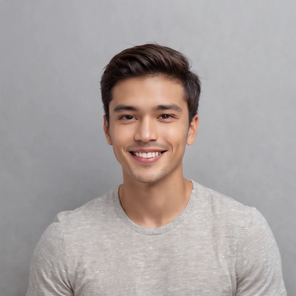 (photo: 1.3) af (photorealism: 1.3), Latino man, soft light, clear face, happy, cheerful, warm light, white t-shirt, (off-white background), (off-white background), ((grey wall background)) avatar, (long or short hair), smile, handsome, young,, short hair, smile, (close-up)