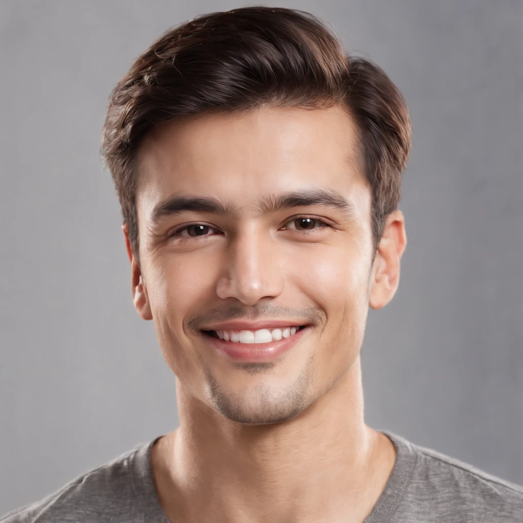 (photo: 1.3) af (photorealism: 1.3), Latino man, soft light, clear face, happy, cheerful, warm light, white t-shirt, (off-white background), (off-white background), ((grey wall background)) avatar, (long or short hair), smile, handsome, young,, short hair, smile, (close-up)