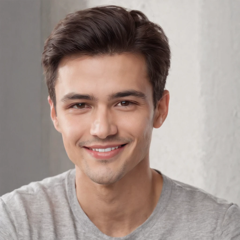 (photo: 1.3) af (photorealism: 1.3), Latino man, soft light, clear face, happy, cheerful, warm light, white t-shirt, (off-white background), (off-white background), ((grey wall background)) avatar, (long or short hair), smile, handsome, young,, short hair, smile, (close-up)