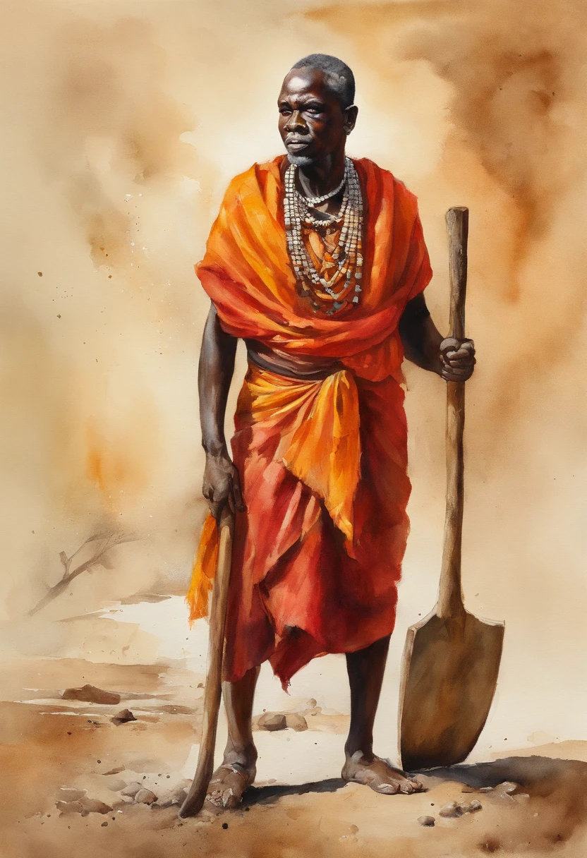 um rei africano envolvido pelo poder do fogo, montanhas, entardecer, holding an axe in his hands, confiante, master part, qualidade superior, best quality, alta qualidade, arte aquarela, Pintura em tela, ultra-detalhado, fire in the background, cores vibrantes, sozinho, extremamente detalhado