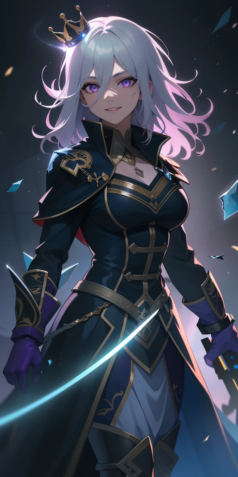 masterpiece, best quality, ultra-detailed, best shadow), (detailed background,dark fantasy), (beautiful detailed face), high contrast, (best illumination, an extremely delicate and beautiful), ((cinematic light)), colorful, hyper detail, dramatic light, intricate details, (1girl, solo,white hair, sharp face,purple eyes, hair between eyes,dynamic angle), swirling black light around the character, depth of field,black light particles,(broken glass), superhero , full body, holding magical sword, woman, happy, smile, look in front, tall, wearing boots, attractive, detailed clothing, woman, adult, sexy, wears crown, laughing, looking smart, adorable looking, full body, cloak,