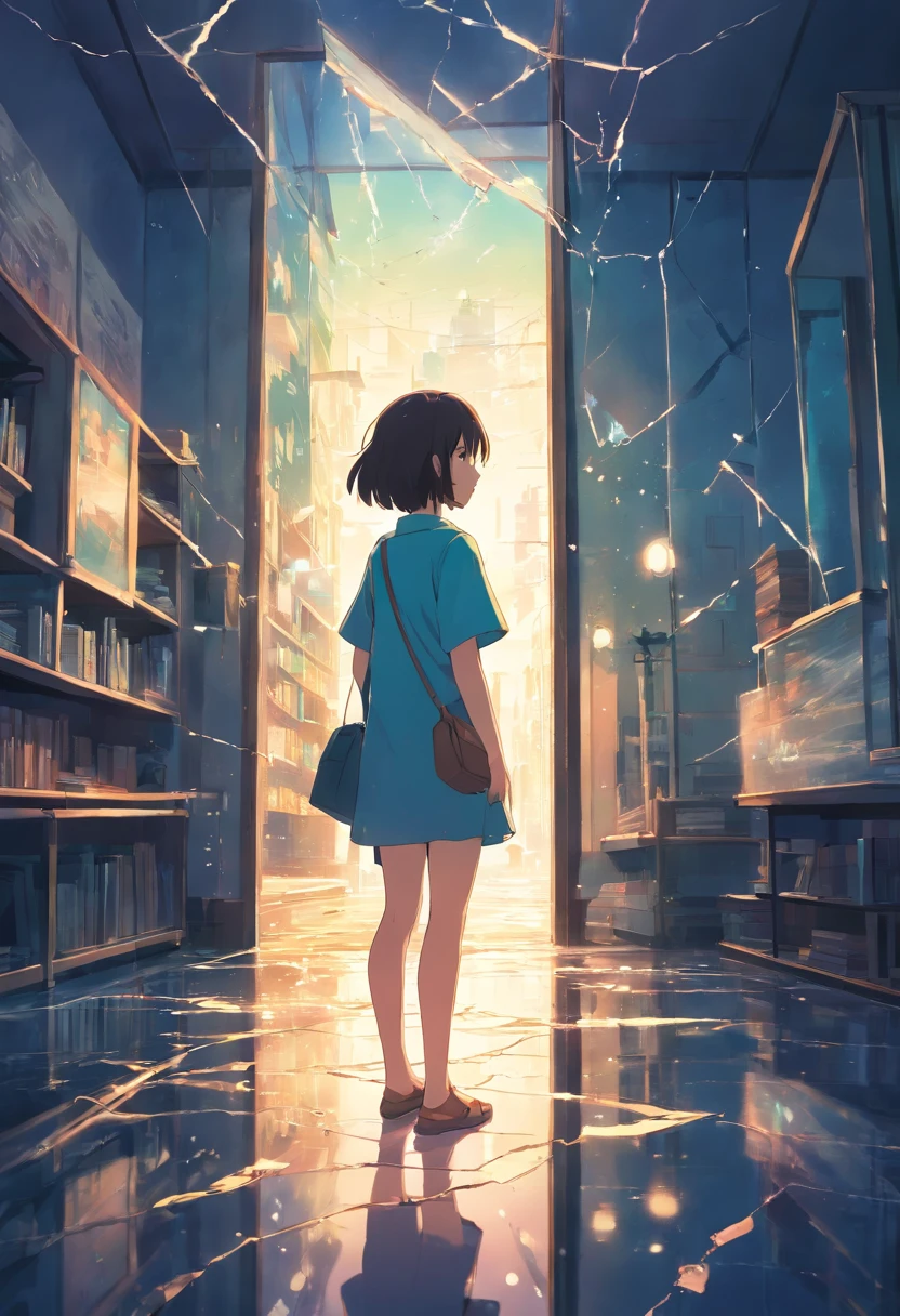 A dark, storybook, cracked mirror reflecting distorted images