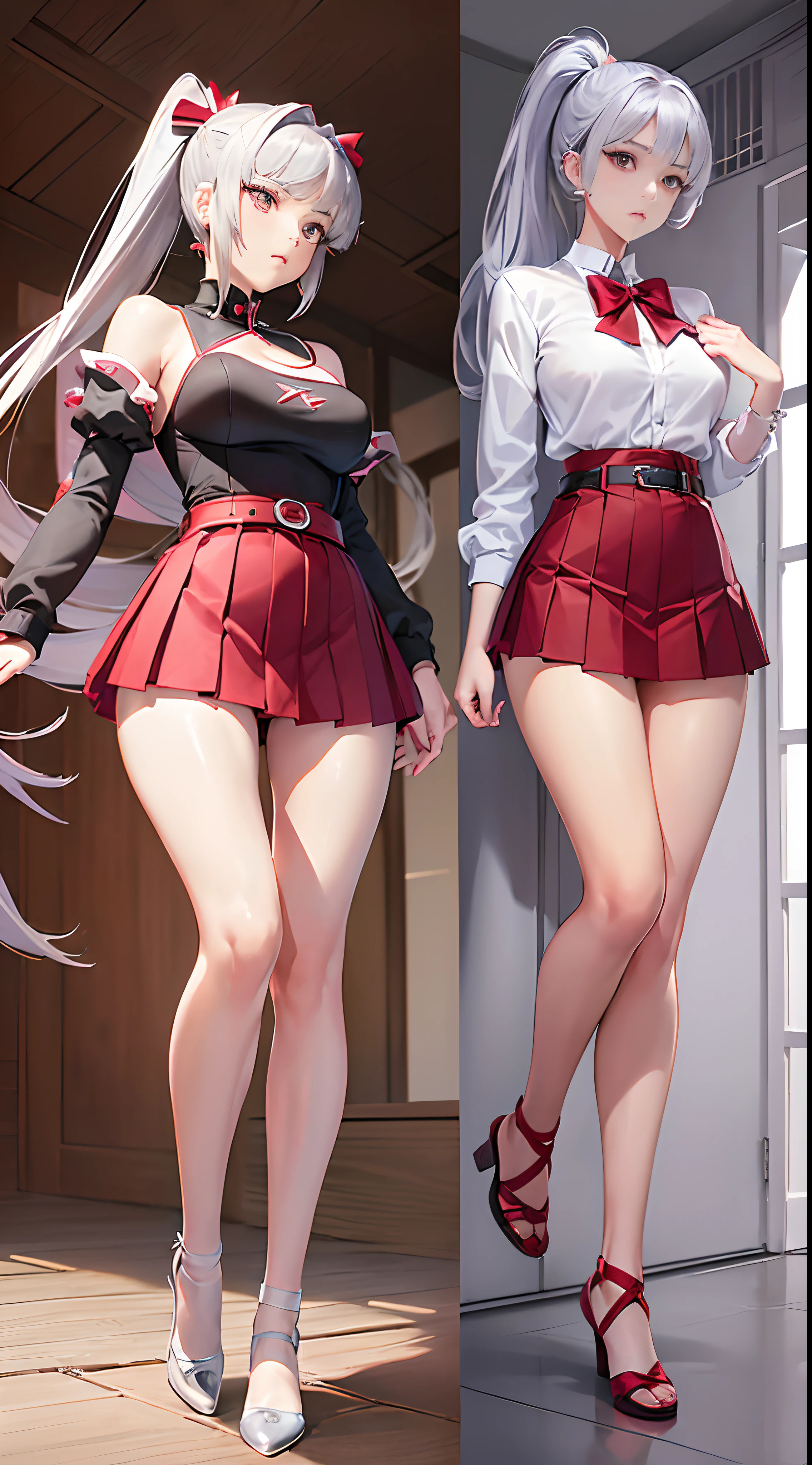 Manhwa Style，Cute sister type，(High-quality characters:1.2)，(4K:1.1)，(Exquisite facial features:1.2)，Glossy face，up-close，(The complexion is very fair:1.3)，(sophisticated haircut:1.2)，(Gray ponytail hairstyle:1.2)，(Thin leg:1.2)，(Small chest Thin waist:1.2)，(Small breasts:1.2)，(Raised :1:2)，(Girl body type:1:2)，(1个Giant Breast Girl:1.2)，Bow hairpin，Silver heart-shaped earrings，(komono:1.3)，(red pleated miniskirt:1.3)，(White bow belt:1.2)，(White waist pantyhose1.2)，(forest backgrou:1.2)，(perspire:1.2)，(the sideview:1.2)，(shyexpression:1.2)，(Open the leg to support the tree action 1.3)，Shy blush，Best quality at best