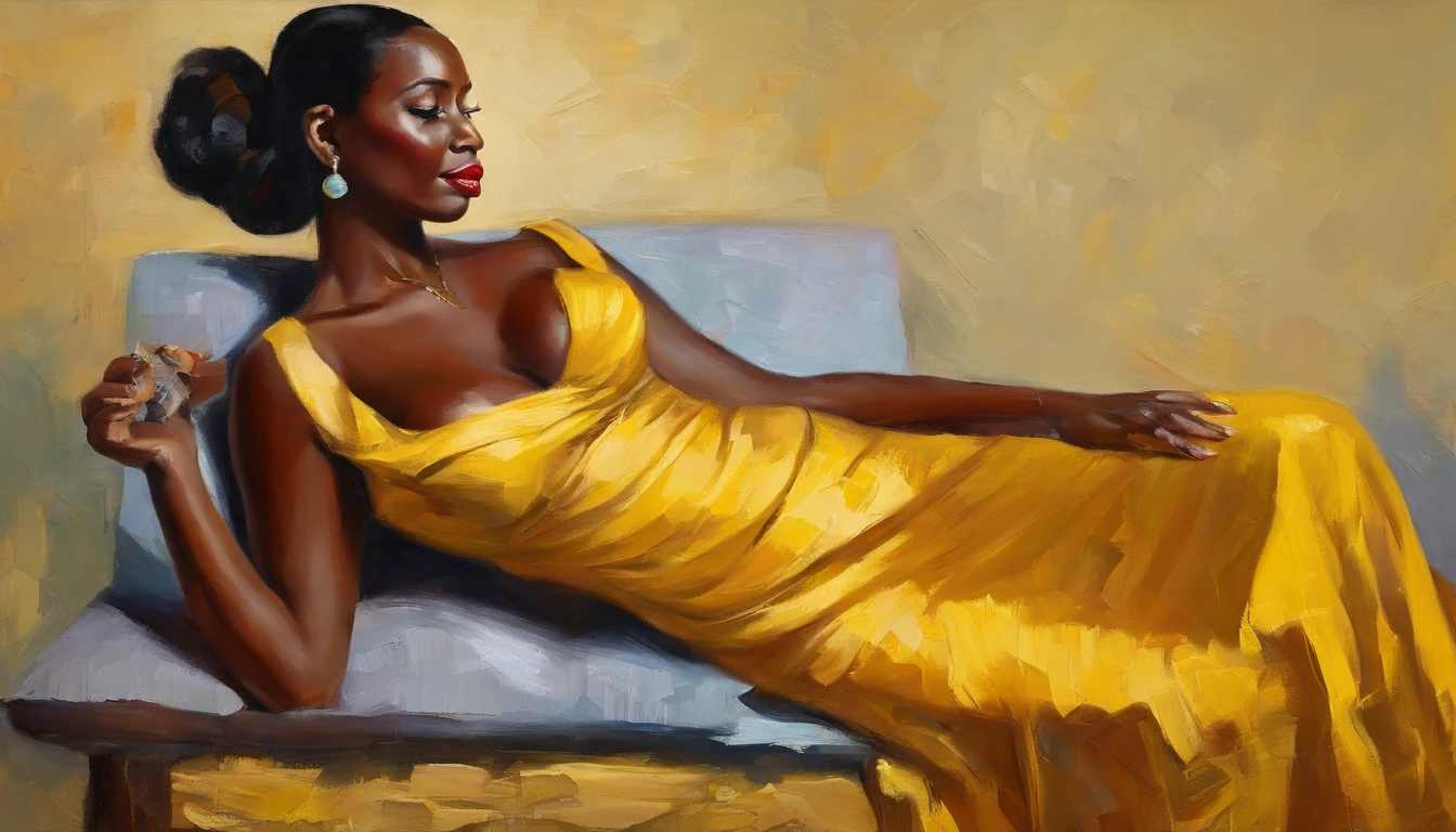 Beautiful woman holding a red rose flower and wearing yellow dress, gold jewelry, (((big boobs))), (((cleavage))), vestido ornamentado vermelho, mulhee negra africana, mulher vermelha bonita, usando um vestido africano, beleza estonteante, mulher deslumbrante, Tema vermelho cabelo ondulado, mulher africana