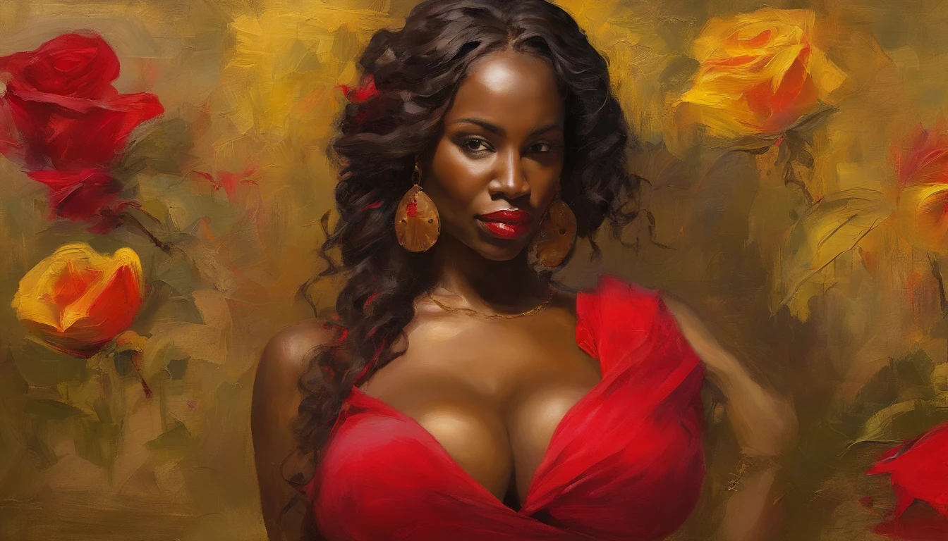 Beautiful woman holding a red rose flower and wearing yellow dress, gold jewelry, (((big boobs))), (((cleavage))), vestido ornamentado vermelho,  mulhee negra africana, mulher vermelha bonita, usando um vestido africano, beleza estonteante, mulher deslumbrante, Tema vermelho cabelo ondulado, mulher africana