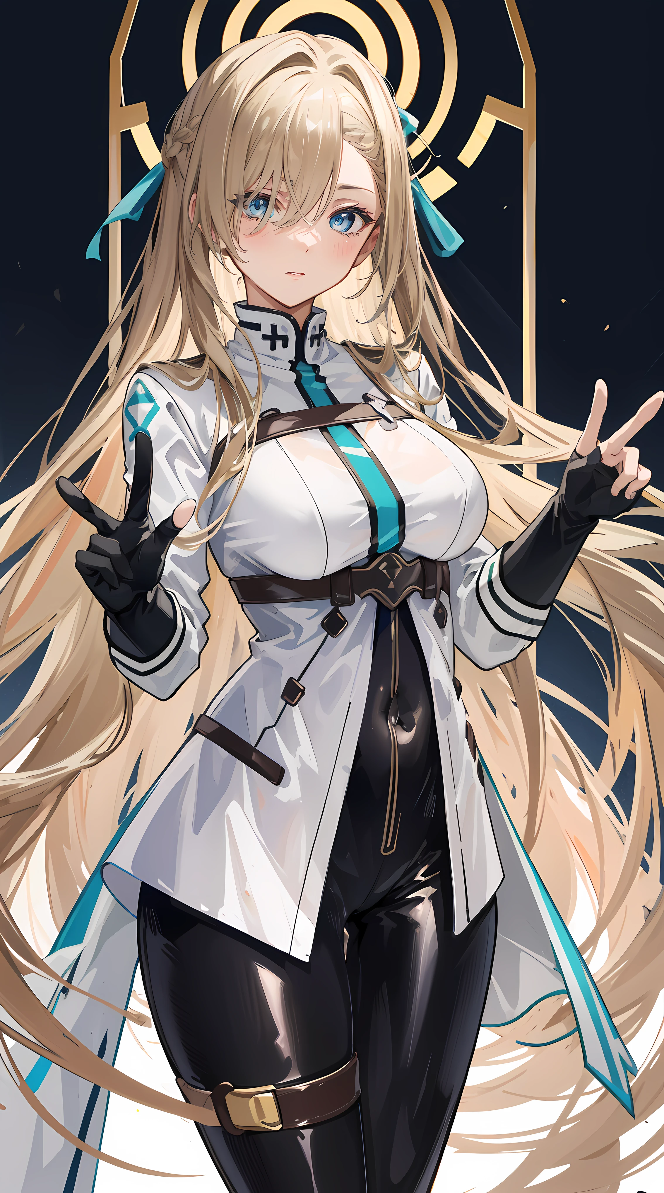 (highres), (absurdres), (best quality), (high quality), (masterpiece), 1girl, asuna, blue eyes, long hair, hair over one eye, very long hair, light brown hair, (large breasts), black latex bodysuit, pray hands sign, looking at viewer, 8K HD RTX, exquisite finger details, (looking at viewer, standing at attention, cowboy shot)