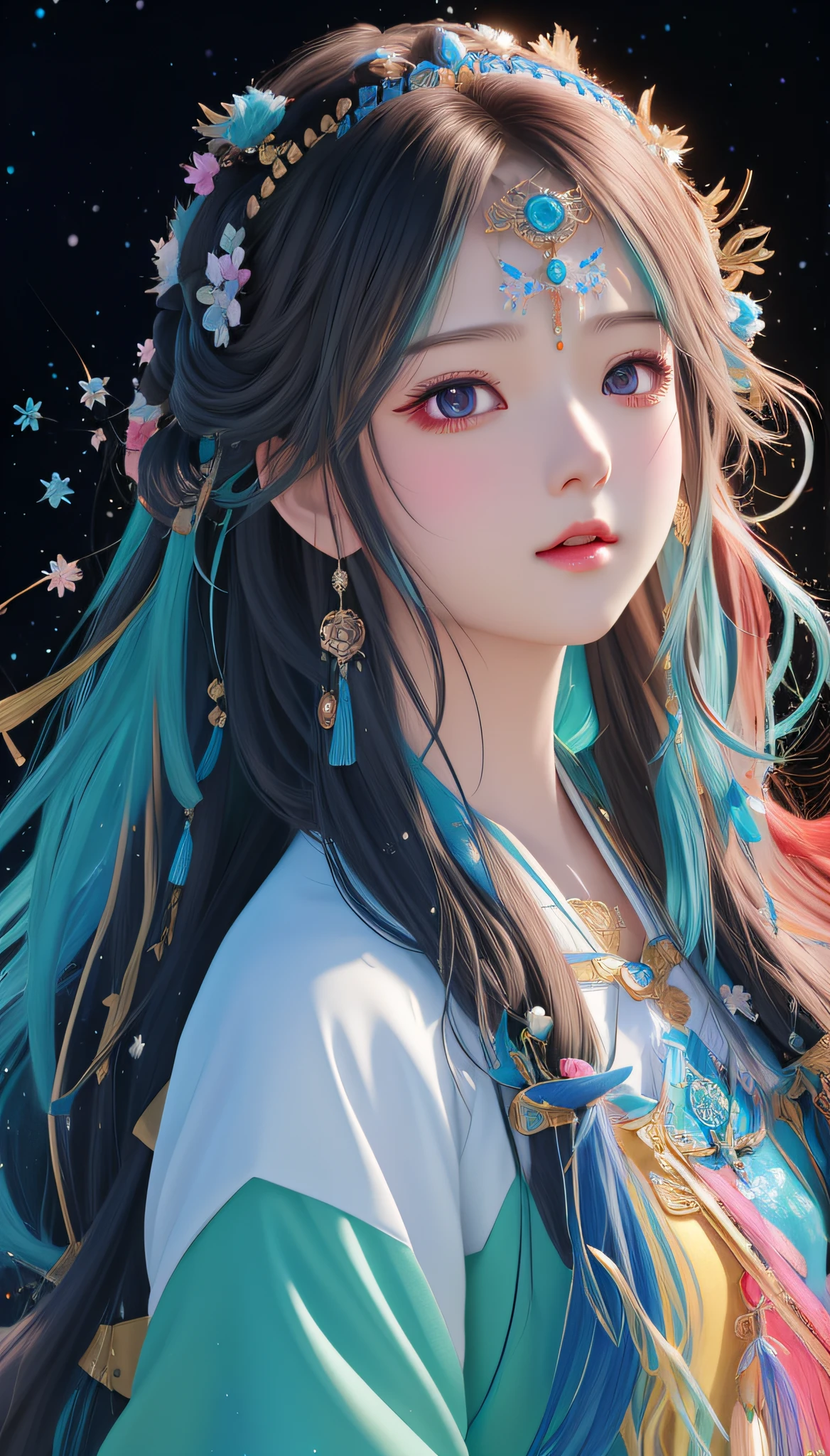 a close up of a woman with long hair wearing a colorful headpiece, 8k high quality detailed art, palace , a girl in hanfu, 4k highly detailed digital art, artwork in the style of guweiz, anime style. 8k, fantasy art style, guweiz, anime girl with cosmic hair, beautiful digital artwork, beautiful digital illustration