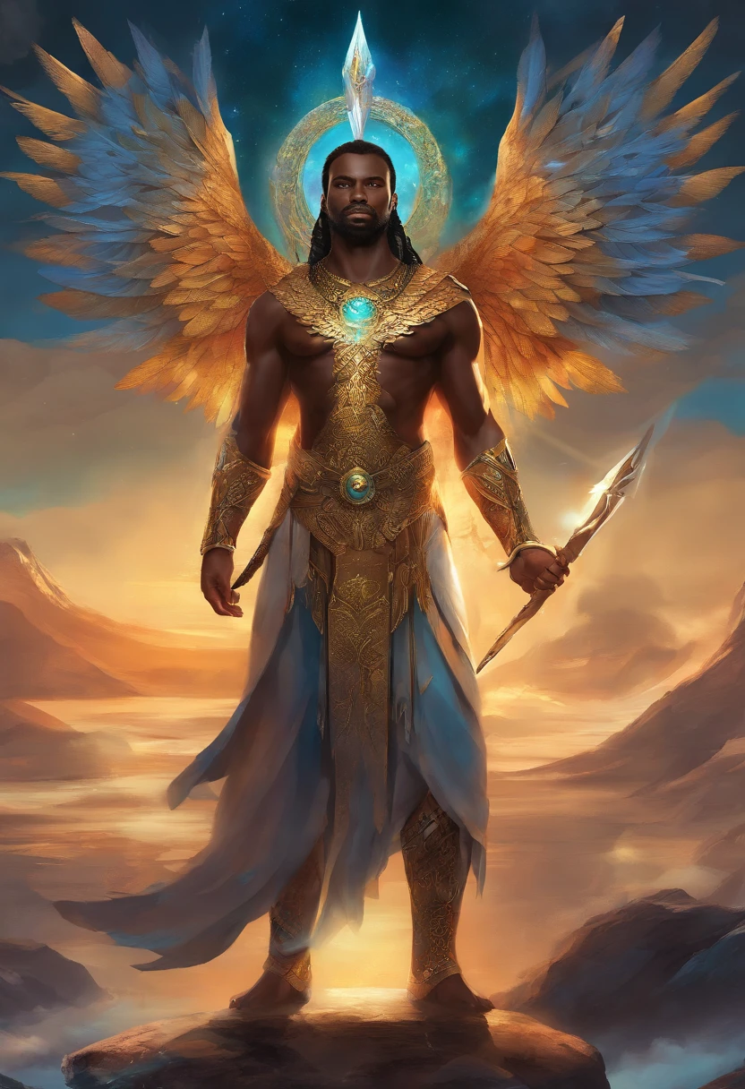 Design an image of Shu, the god of air, as a male figure with dark brown skin, green eyes, and a feathered headdress. He should be depicted actively separating the sky from the earth, with traditional Egyptian aesthetics and cosmic elements in the background. Include traditional Egyptian aesthetics such as gold accents and ancient symbols. Use masterpiece, best quality, CG, wallpaper, HDR, high quality, ultra detailed face, cinematic, high detail, 8k, raw, high, artstation HQ, unreal engine, octane renderer, 4k resolution, hyperrealistic, highly detailed, and absurdres settings