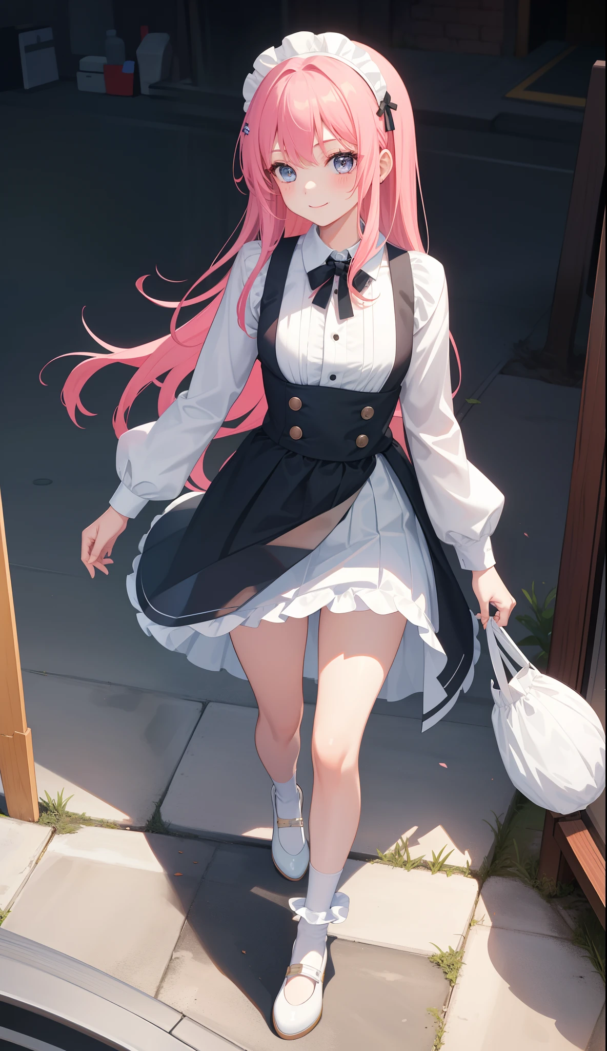 1girl in、AS-Adult、A smile、The shirt、Ultra mini skirt、pantiy、(small tits)、doress、pinafore、Hair decoration、(Maid costume)、Walking with a thigh、Upper body portrait、