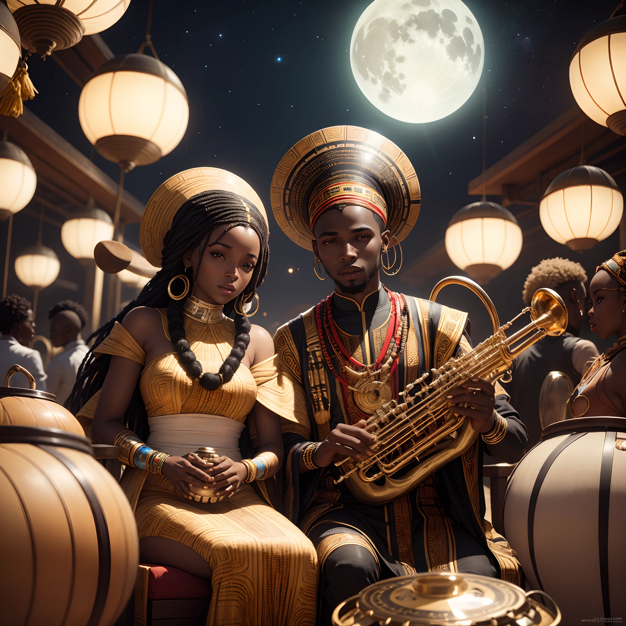 futuristic African marriage of a black man and black woman both wearing African designed helmets and African traditional clothes, sitting on floating futuristic african designed flat surface with shining lights on the side, surrounded by people carrying pots and african designed instruments like drums, full of coloured African designed instruments,  in an empty area full of celebrating congregation carrying african instruments and african designed pots, night time with a white moon shining a beautiful vibrant light,  with iridescent light, photorealistic image, 32k, ultra HD, cinematic lighting, artgerm style