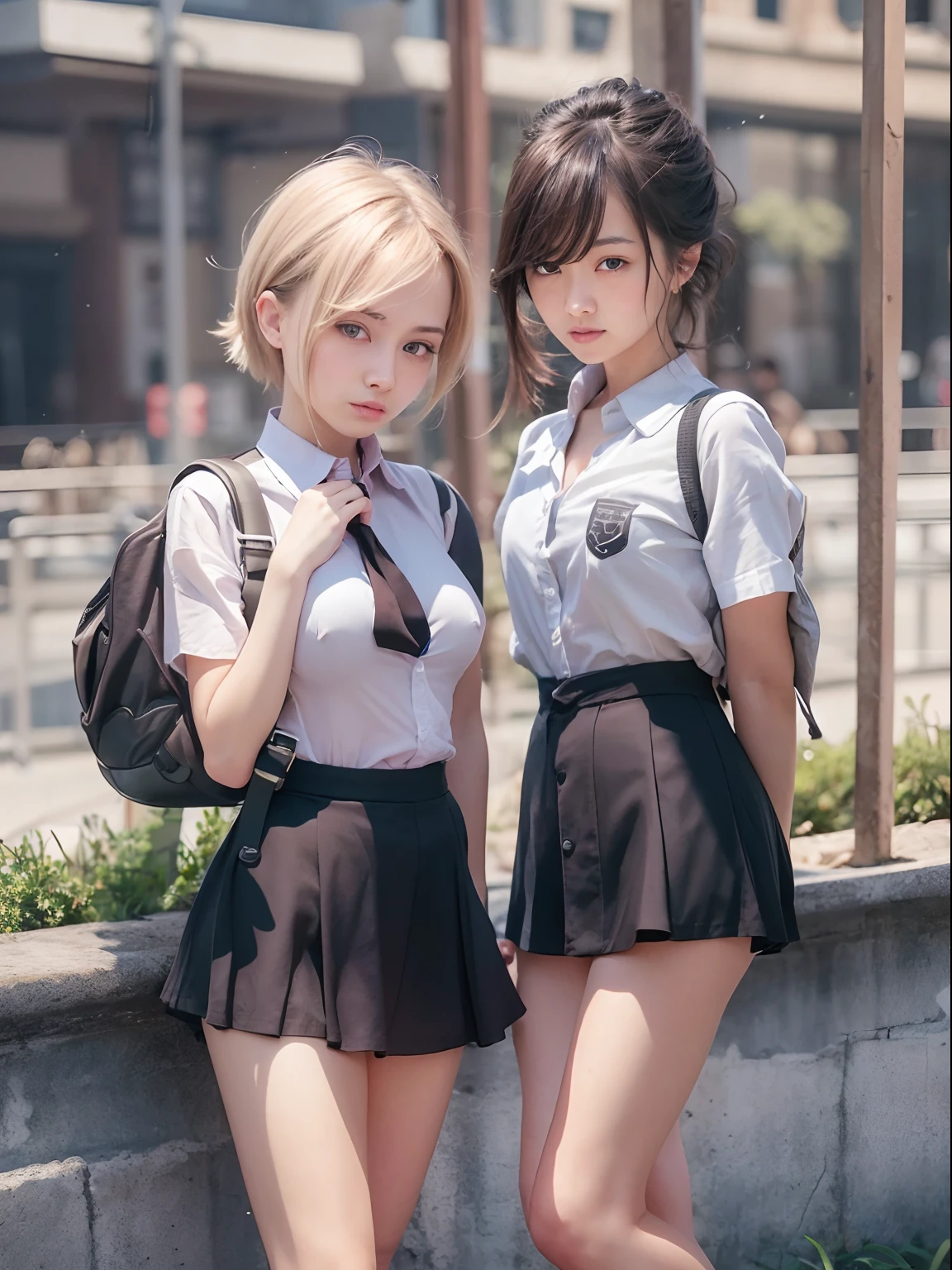 nsfw, 2girls, nude, full body, school girls, (masterpiece: 1.4), (8K, realistic, raw photo, best quality: 1.4), school uniform, skirtlift, legs open, nipple areola shape clear, slit_pussy, beautiful breasts, Japanese girl, beautiful cute face, (real face: 1.4), perfect pussy, beautiful hairstyle, realistic brown eyes, beautiful detail eyes, (real skin: 1.3), beautiful skin, attractive, ultra high resolution, ultra realistic, cinematic lighting, black colored hair, short hair, modern city street