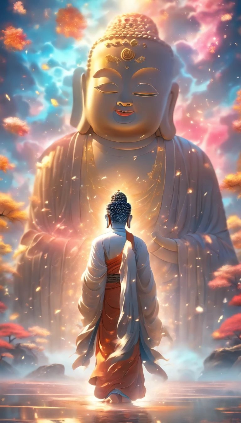 China-style，In the distance, A huge tall Buddha statue stands in space，Trust in an ergonomic proportion，There are five fingers on each of the left and right hands，Gaze at the earth，Standing Buddha statue，with light glowing，Glow effects，Pilgrims walking on the road face the Buddha statue，Hyper-realistic，Ultra photo realsisim，Real Photographics，8K，High definition，high qulity，Works of masters，super-fine，（Chinese color ink painting style），（（（white colors））），Smudge，ink，（Movie lighting），（light and shadow effect），（Unreal 5),（8K resolution），（Masterpiece），super-fine，high qulity，rendering by octane，glitter effects，（（（OC renderer）））