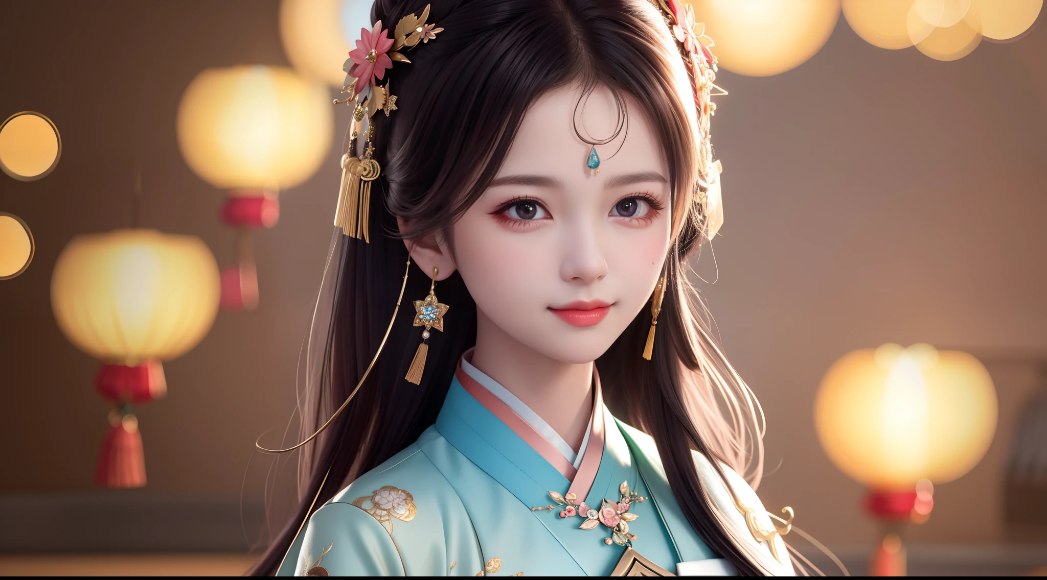 detailed face, cute face,brown eye, Great quality, masterpiece, High Resolutiupon, One girl, blush, (Captivating smile: 0.8), Star Student, chinese hanfu, hair accessory, necklace, jewelry, beauty, upon_body, Tyndall effect, Realistic, Shadow Room, Light Edge, Two-tupone Lighting, (Skin with attention to detail: 1.2), 8k UHD, SLR, Soft Light, high quality, Volumetric lighting, snapshot, High Resolutiupon, 4K, 8k, Background Blur, Real Persupon