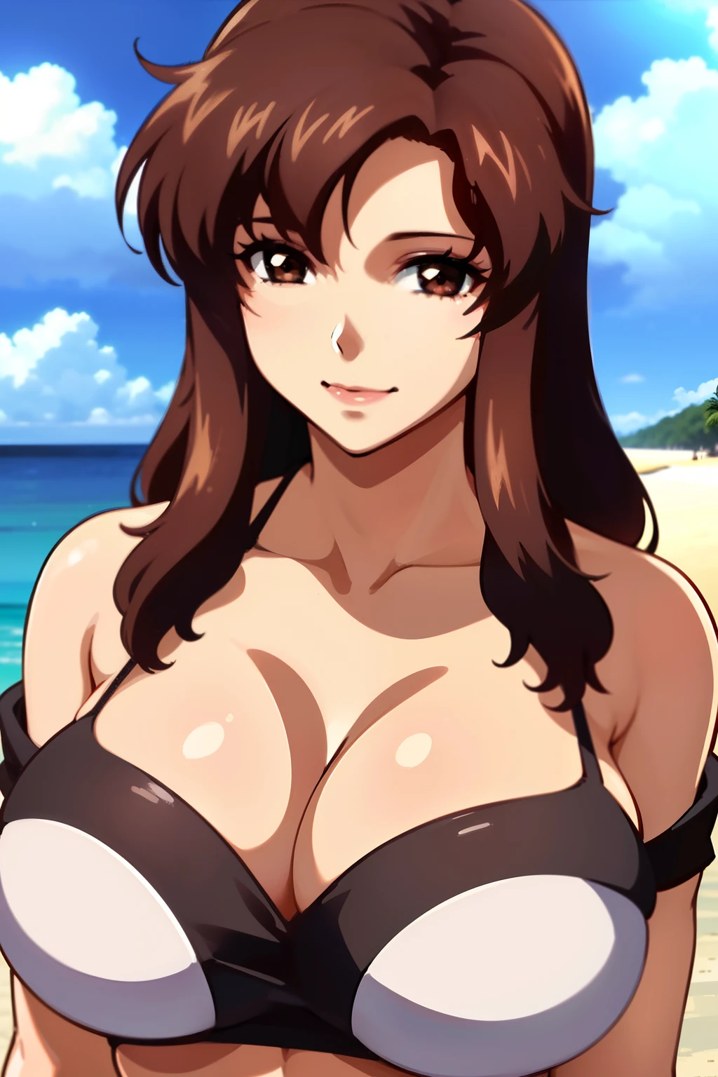 1womanl, A MILF, dark brown hair, kindly smile, large full breasts, cleavage, White Bikini, upper body, (Composition from the front:1.5), sunshine, Beach