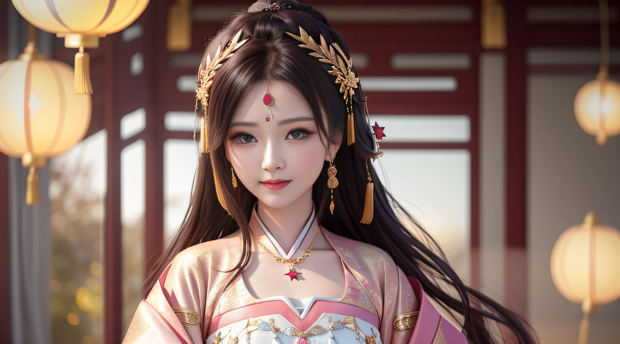 best quality, masterpiece, highres, 1girl,blush,(seductive smile:0.8),star-shaped pupils,china hanfu,hair ornament,necklace, jewelry,Beautiful face,upon_body, tyndall effect,photorealistic, dark studio, rim lighting, two tone lighting,(high detailed skin:1.2), 8k uhd, dslr, soft lighting, high quality, volumetric lighting, candid, Photograph, high resolution, 4k, 8k, Bokeh