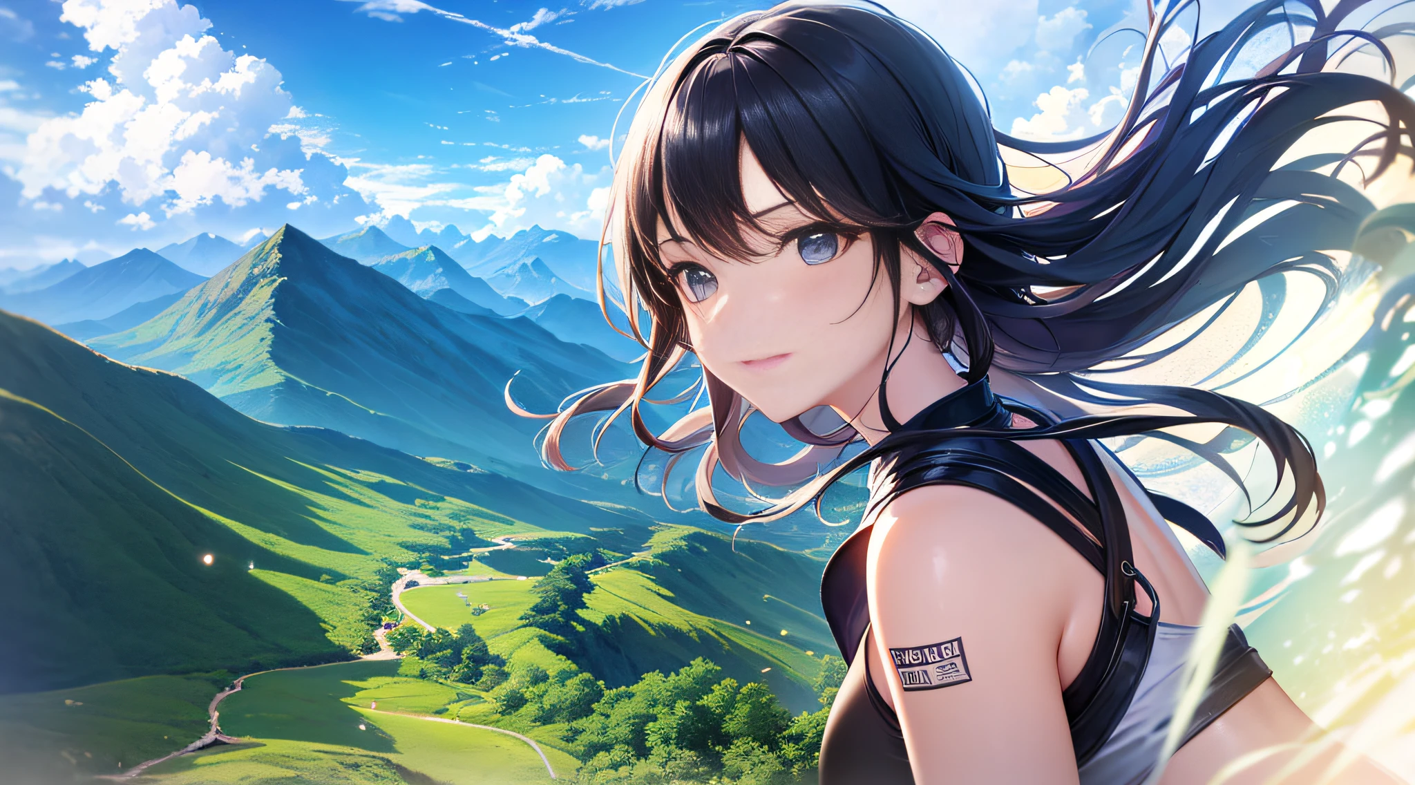 At the summit，A lonely 16-year-old girl，There is a lamb in the flock。Wear khaki cloth，Pedal thick shoes，The look in the eyes reveals firmness and persistence。The sky is blue，sun shining through clouds，The air is crisp and pure。 Herding sheep at the top of a mountain，She climbs mountains every day、Grazing、play，Get up close and personal with the flock，Enjoy the sun and wind，Sing mountain songs。 Her eyes shone with a light beyond the years。She has developed a deep connection with the flock，Trust each other、Interdependence。Her heart was filled with contentment and happiness。She loves to run freely in the mountains and forests，Loved listening to the sound of the wind blowing through the woods，Loved enjoying the beautiful scenery。She interprets freedom in her own way、Independent and courageous spirit，Become the most beautiful scenery in this land，CGSociety trends，Extreme light and shadow，Aurora chase，extremelycomplicateddetails，Extremely strong reflected light，Extreme ambient light，rendering by octane，8K，cinematic Film still from，ultra-realistic realism。（Delicate facial features1.1），Exquisitehands，perfect bodies，perfectly proportions，ssmile