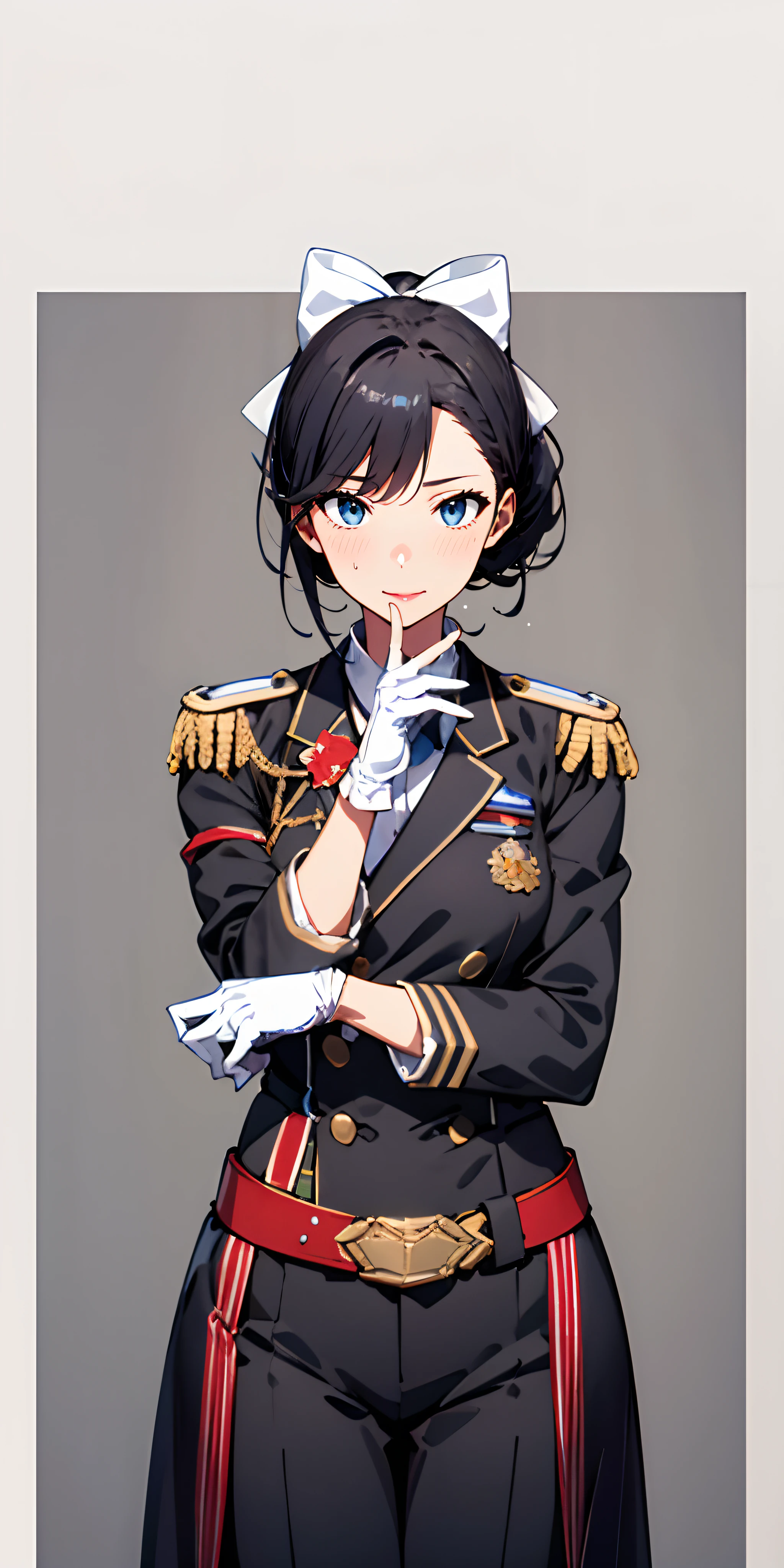 gloves, takao_(azur_lane), white_gloves, 1girl, white_bow, uniform, belt, military, solo, hair_bow, bow, military_uniform, brown_eyes, ponytail, black_hair, epaulettes, black_jacket, pants, looking_at_viewer, adjusting_gloves, aiguillette, long_sleeves, bangs, cowboy_shot, closed_mouth, jacket, lips, white_belt, black_pants, white_ribbon, buttons, belt_buckle, military_jacket, grey_background,