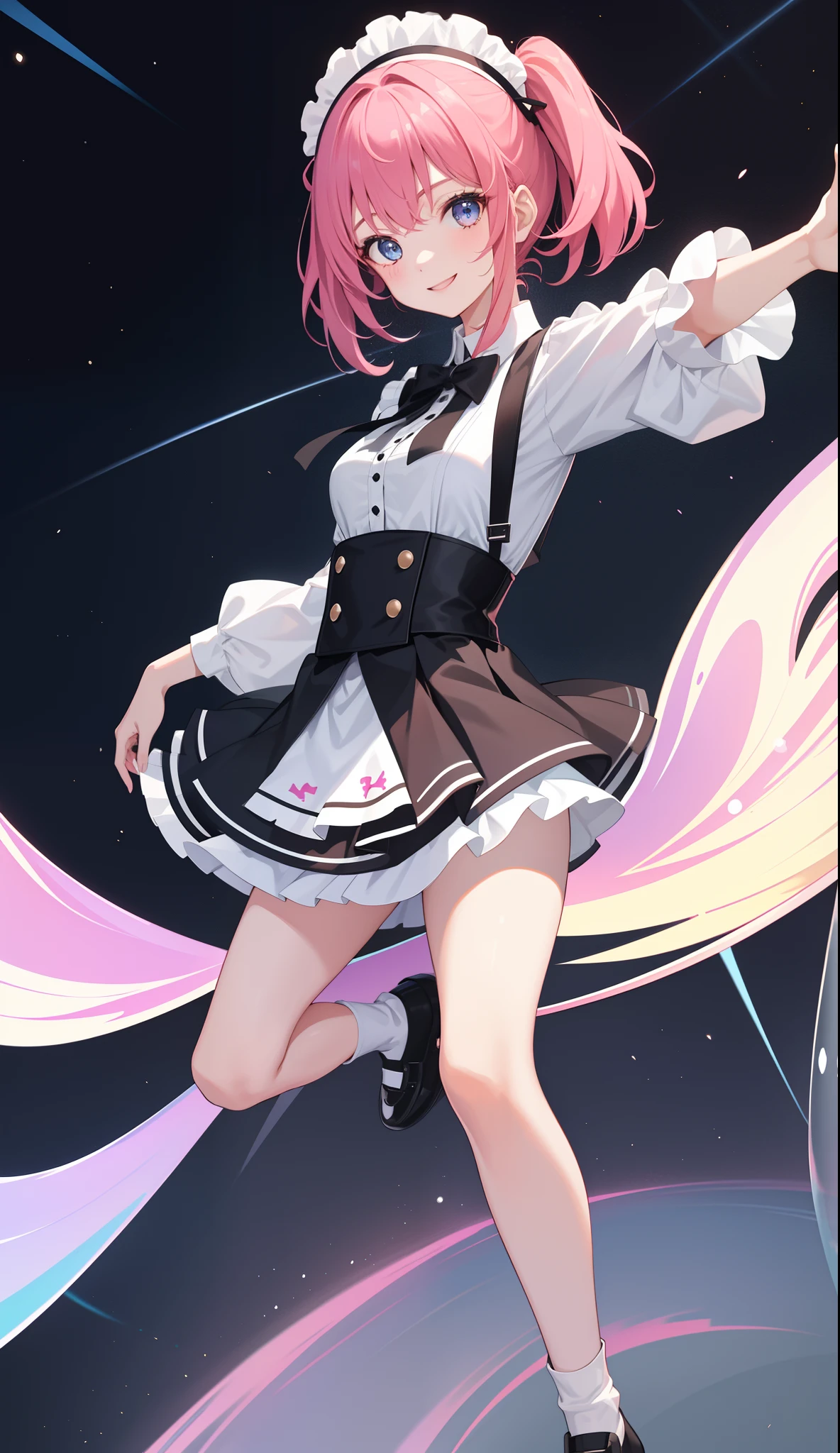 1girl in、AS-Adult、A smile、The shirt、Ultra mini skirt、pantiy、(small tits)、doress、pinafore、Hair decoration、(Maid costume)、Walking with a thigh、Upper body portrait、