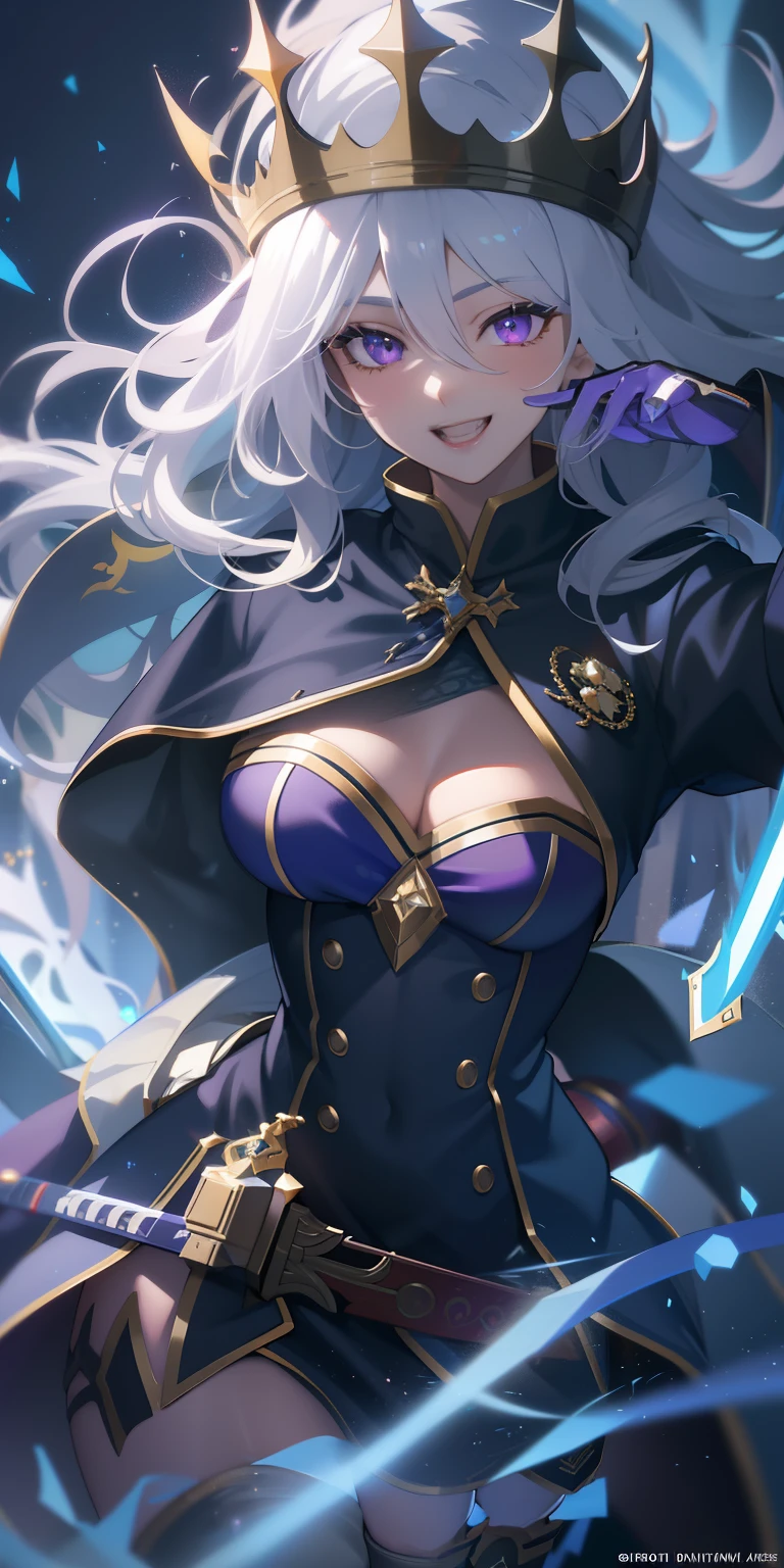 masterpiece, best quality, ultra-detailed, best shadow), (detailed background,dark fantasy), (beautiful detailed face), high contrast, (best illumination, an extremely delicate and beautiful), ((cinematic light)), colorful, hyper detail, dramatic light, intricate details, (1girl, solo,white hair, sharp face,purple eyes, hair between eyes,dynamic angle), swirling black light around the character, depth of field,black light particles,(broken glass), superhero , full body, holding magical sword, woman, happy, smile, look in front, tall, wearing boots, attractive, detailed clothing, woman, adult, sexy, wears crown, laughing, looking smart, adorable looking, full body, cloak,