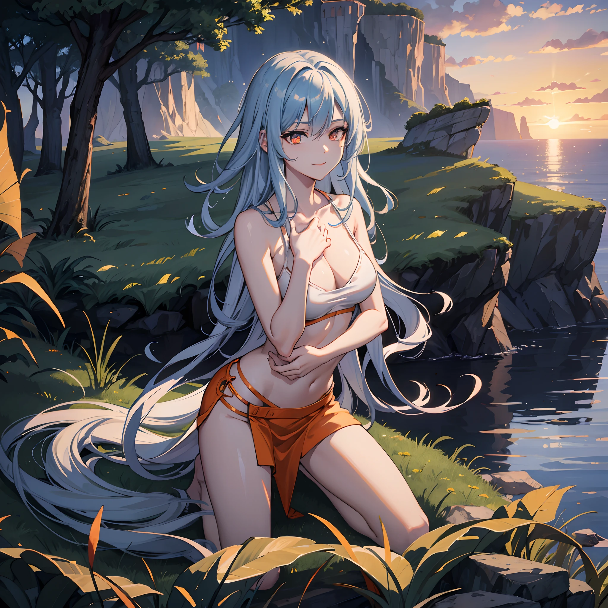 Kneeling, Dark blue hair, Cowboy shot, skinny, Full body shot, sexy, 1girl, pale skin, looking at viewer, medium breasts, praying, long hair, hair over forehead [blue hair|glowing hair:1.1], half-closed eyes, orange eyes, [glowing eyes|vivid eyes], smile, closed mouth, white pries clothing, grass, cliff, scenery, sea, sunset, cloudy sky,