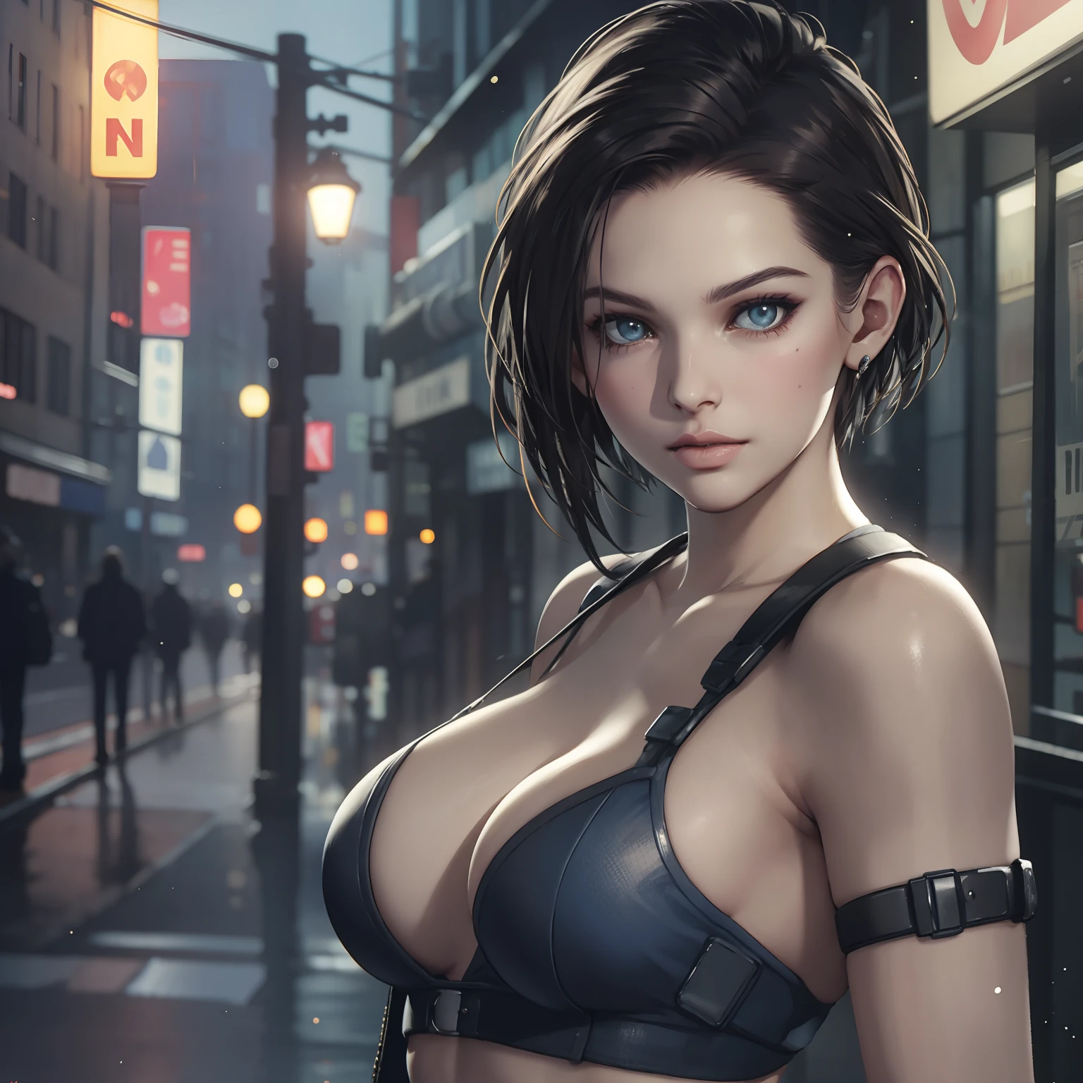 jill valentine, beautiful woman, sexy woman, perfect breast, ((half body)), (looking at viewer:1.1), night street, by Conor Harrington