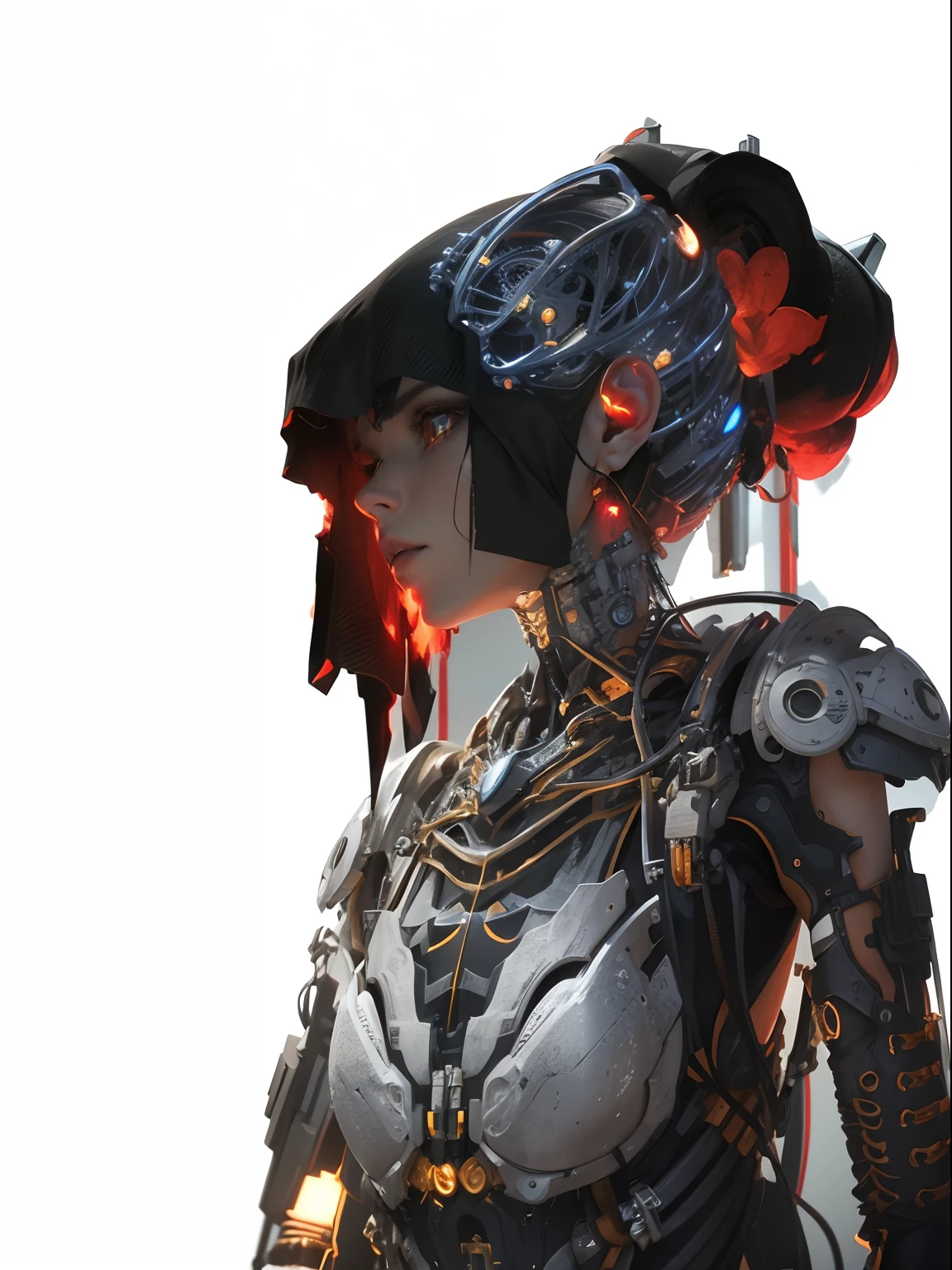 1mechanical girl,((ultra realistic details)), portrait, global illumination, shadows, octane render, 8k, ultra sharp,metal,intricate, ornaments detailed, cold colors, egypician detail, highly intricate details, realistic light, trending on cgsociety, glowing eyes, facing camera, neon details, machanical limbs,blood vessels connected to tubes,mechanical vertebra attaching to back,mechanical cervial attaching to neck,sitting,wires and cables connecting to head