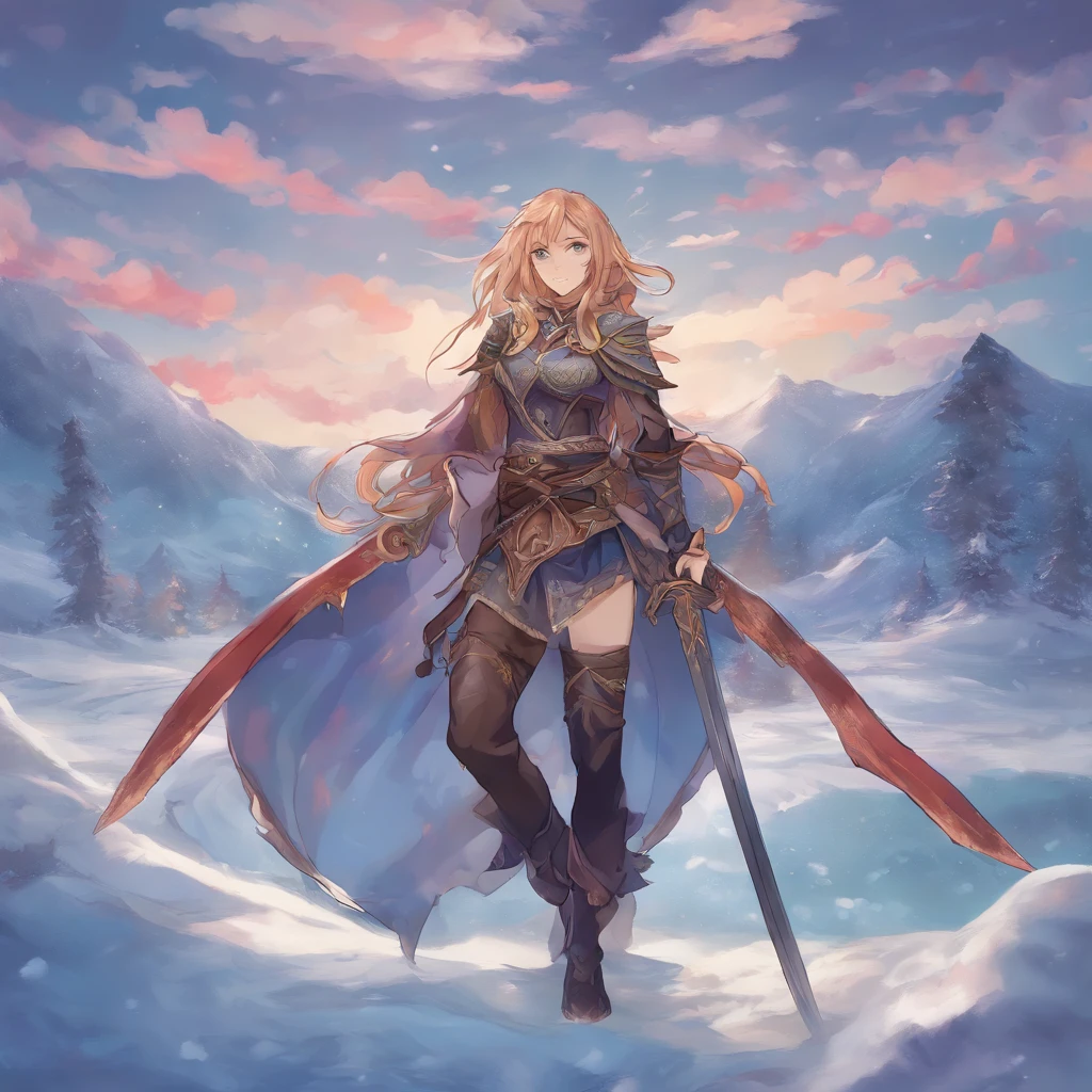 estilo anime, triton, mulher, cabelos cinza, uma mecha grande e escura no cabelo, segurando espada, stretching out the open hand, Arctic, frigid landscape, imagem fria