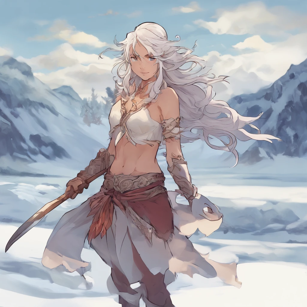 estilo anime, triton, mulher, cabelos cinza, uma mecha grande e escura no cabelo, segurando espada, stretching out the open hand, Arctic, frigid landscape, imagem fria