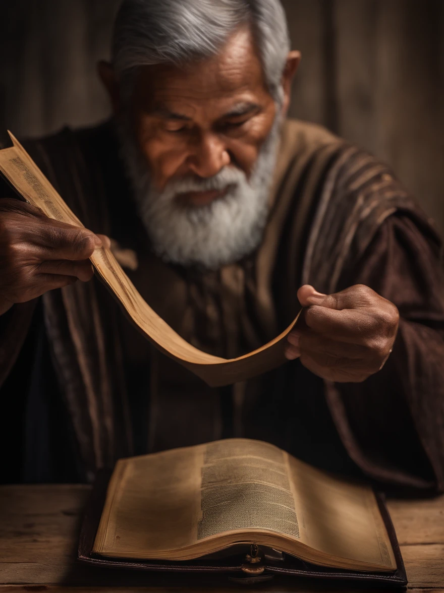 (Biblical times) On the left is an old man，Asian people，Holding a shiny book in your hand, To the right of the image is a terrifying demon (Biblical times) profundidade de campos, Bokeh, Realismo de Hentail, fotorrealista, realismo ultrarrealista, Fotografado profissional, 8K UHD , Digital SLR, HDR , Primary tablet, melhor qualidade, filme granular, pinturas fotorrealistas, Fujifilm XT3