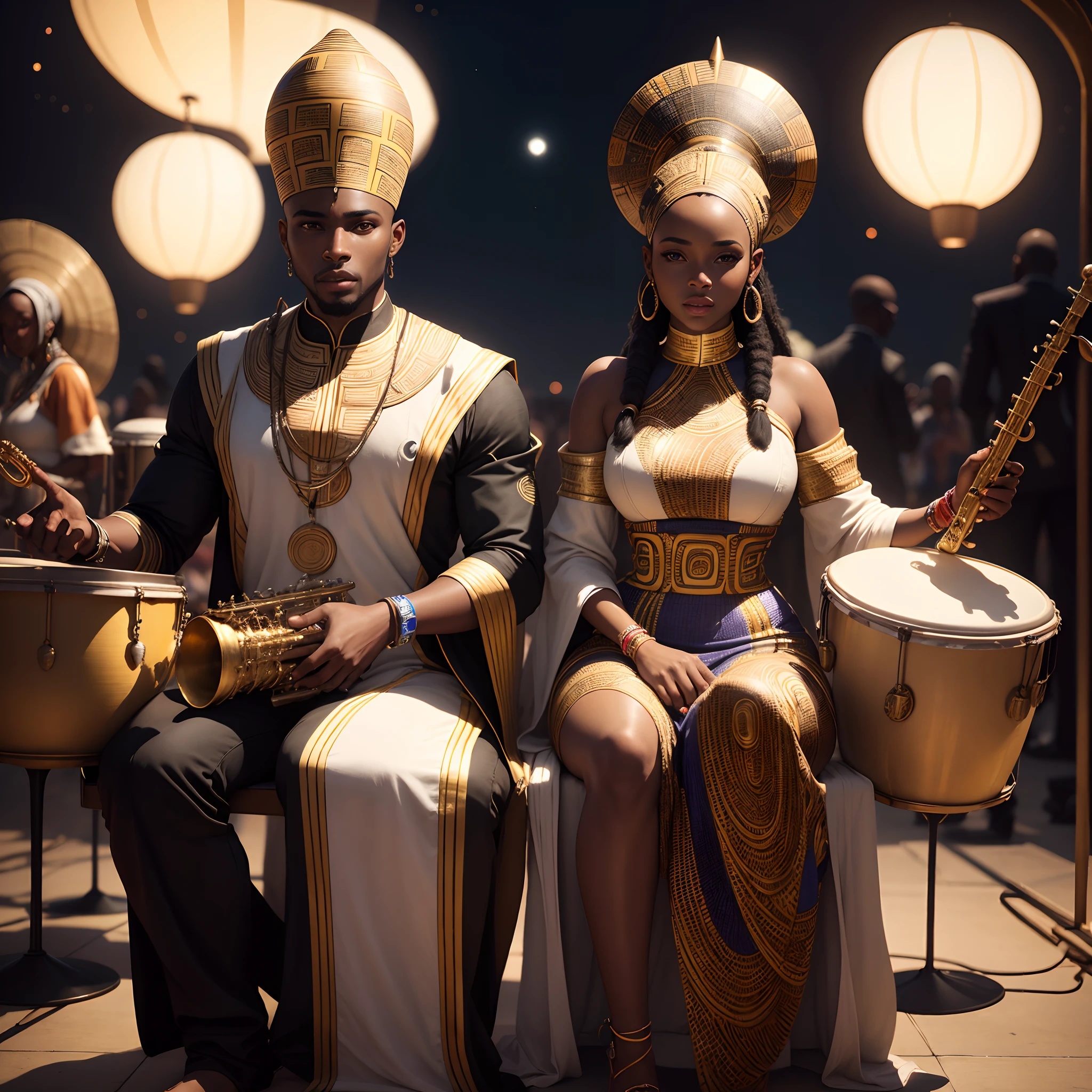 futuristic African marriage of a black man and black woman both wearing African designed helmets and African traditional clothes, sitting on floating futuristic african designed flat surface with shining lights on the side, surrounded by people carrying pots and african designed instruments like drums, full of coloured African designed instruments,  in an empty area full of celebrating congregation carrying african instruments and african designed pots, night time with a white moon shining a beautiful vibrant light,  with iridescent light, photorealistic image, 32k, ultra HD, cinematic lighting, artgerm style