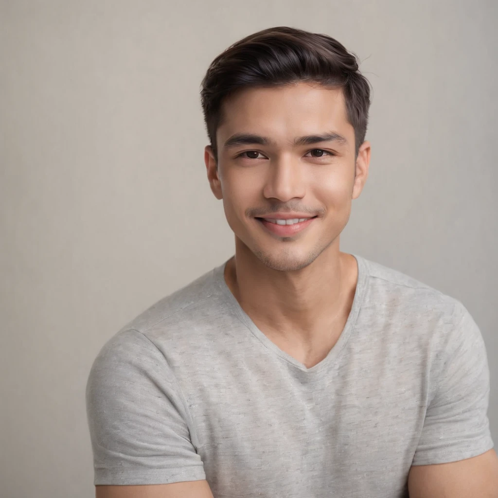 (photo: 1.3) af (photorealism: 1.3), Latino man, soft light, clear face, happy, cheerful, warm light, white t-shirt, (off-white background), (off-white background), ((grey wall background)) avatar, (long or short hair), smile, handsome, young,, short hair, smile, (close-up)